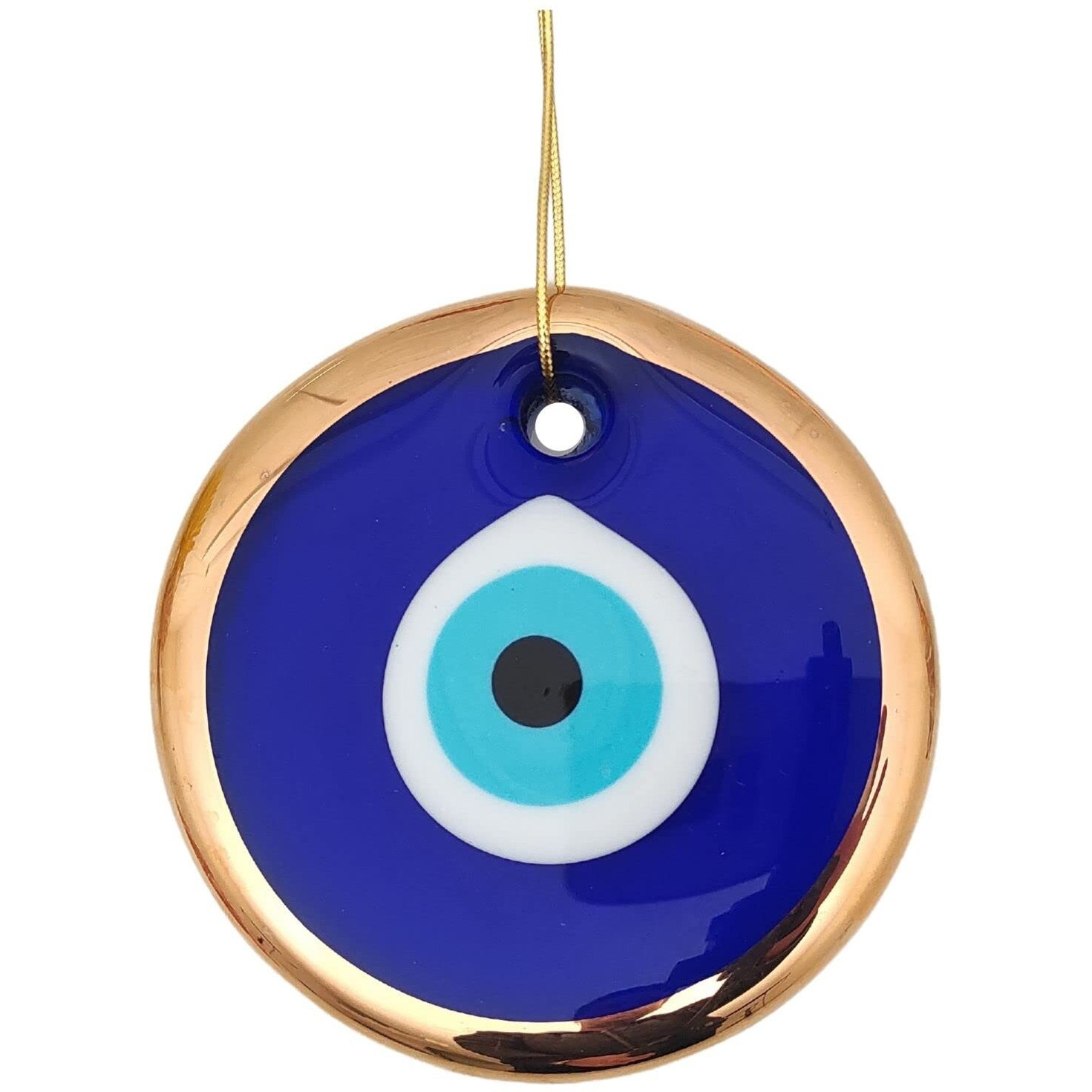 Erbulus 3.5"" Glass Blue Evil Eye Wall Hanging Gold Ornament - Turkish Nazar Bead - Home Protection Charm - Gold Wall Decor Amulet In A Box (Medium)