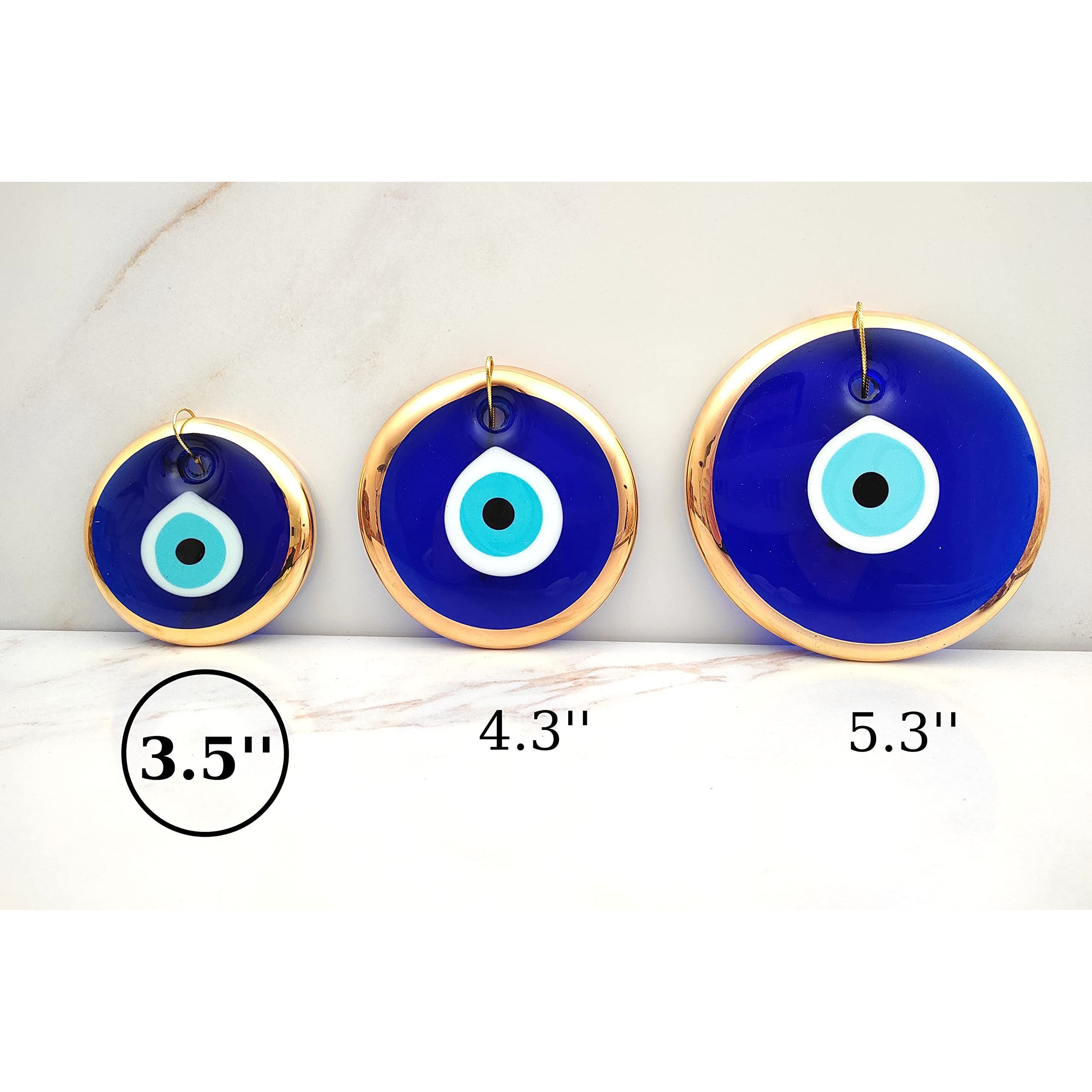 Erbulus 3.5"" Glass Blue Evil Eye Wall Hanging Gold Ornament - Turkish Nazar Bead - Home Protection Charm - Gold Wall Decor Amulet In A Box (Medium)