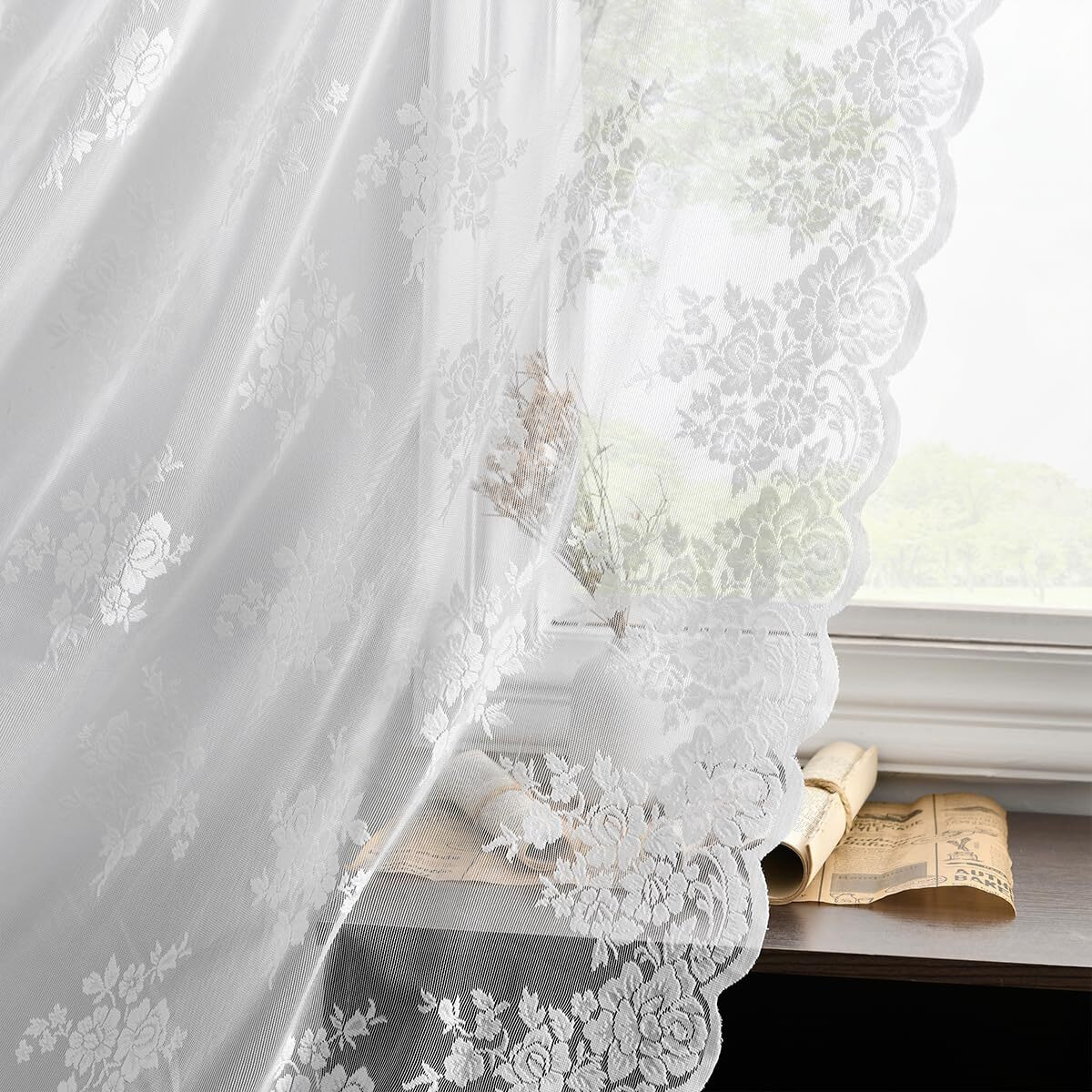 Kotile White Lace Curtains 96 Inches Long - Premium Country Floral Scalloped Lace Panel Curtains For Living Room  Antique White Floral Sheer Lace Curtains For Windows  52 X 96 Inch  2 Panels  White