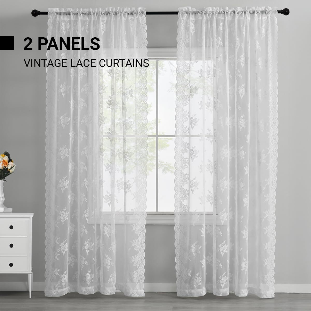 Kotile White Lace Curtains 96 Inches Long - Premium Country Floral Scalloped Lace Panel Curtains For Living Room  Antique White Floral Sheer Lace Curtains For Windows  52 X 96 Inch  2 Panels  White