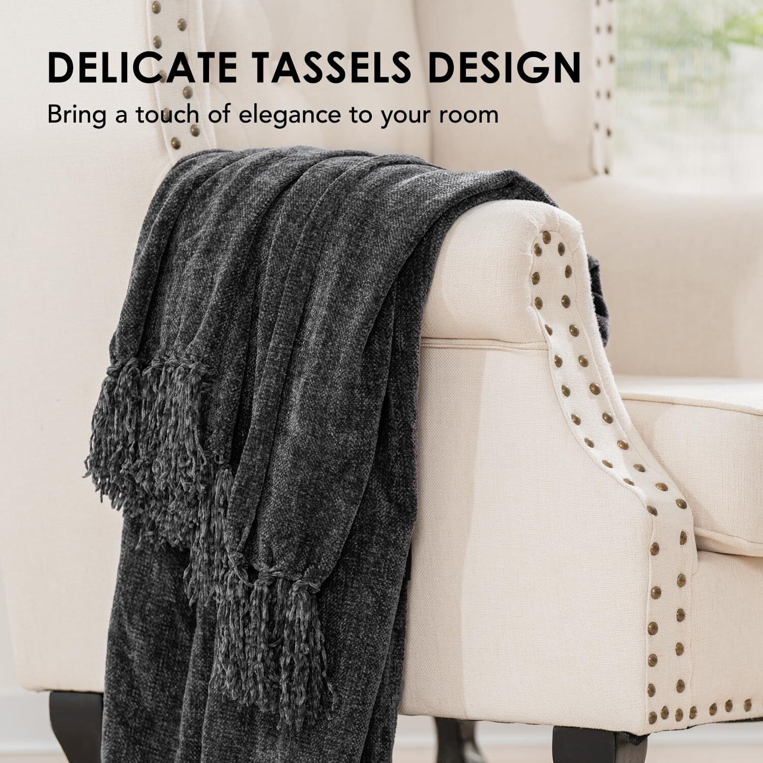 Evergrace Soft Chenille Throw Blanket For Couch  Cozy Plush Fuzzy Decorative Chenille Knit Throw Blanket With Tassels  Lightweight Blanket And Throws For Bed Sofa Gift Home Decor  Iron Black 50"&quotX60""