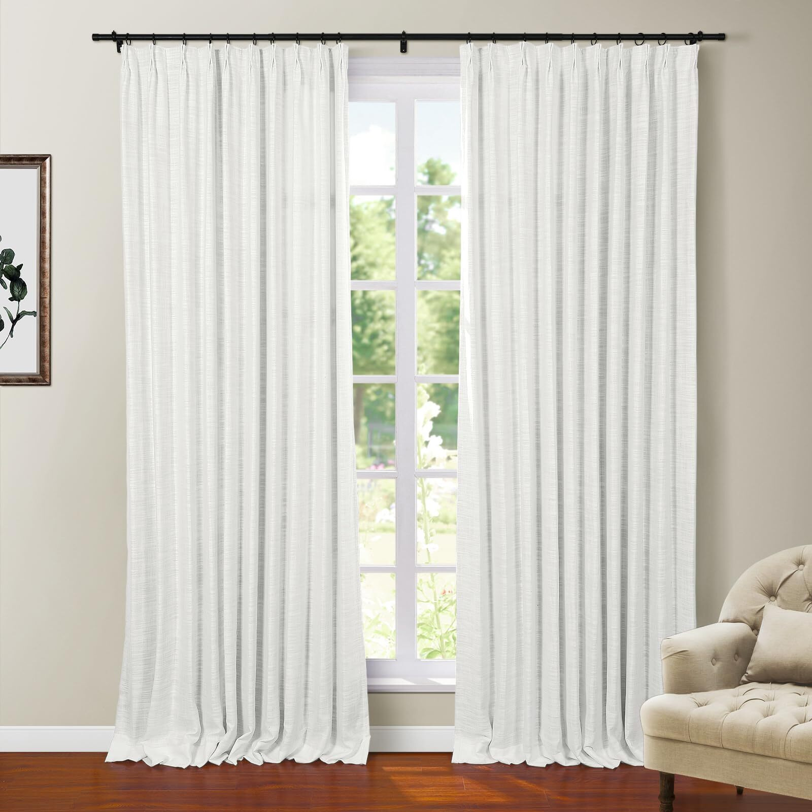 Twopages Warm White Polyester Linen 96 Inches Long Thermal Insulated Curtain With Pinch Pleated And Back Tab Blackout Textured Drape For Bedroom Living Room Double Layer Curtain (52Wx96L  1 Panel)