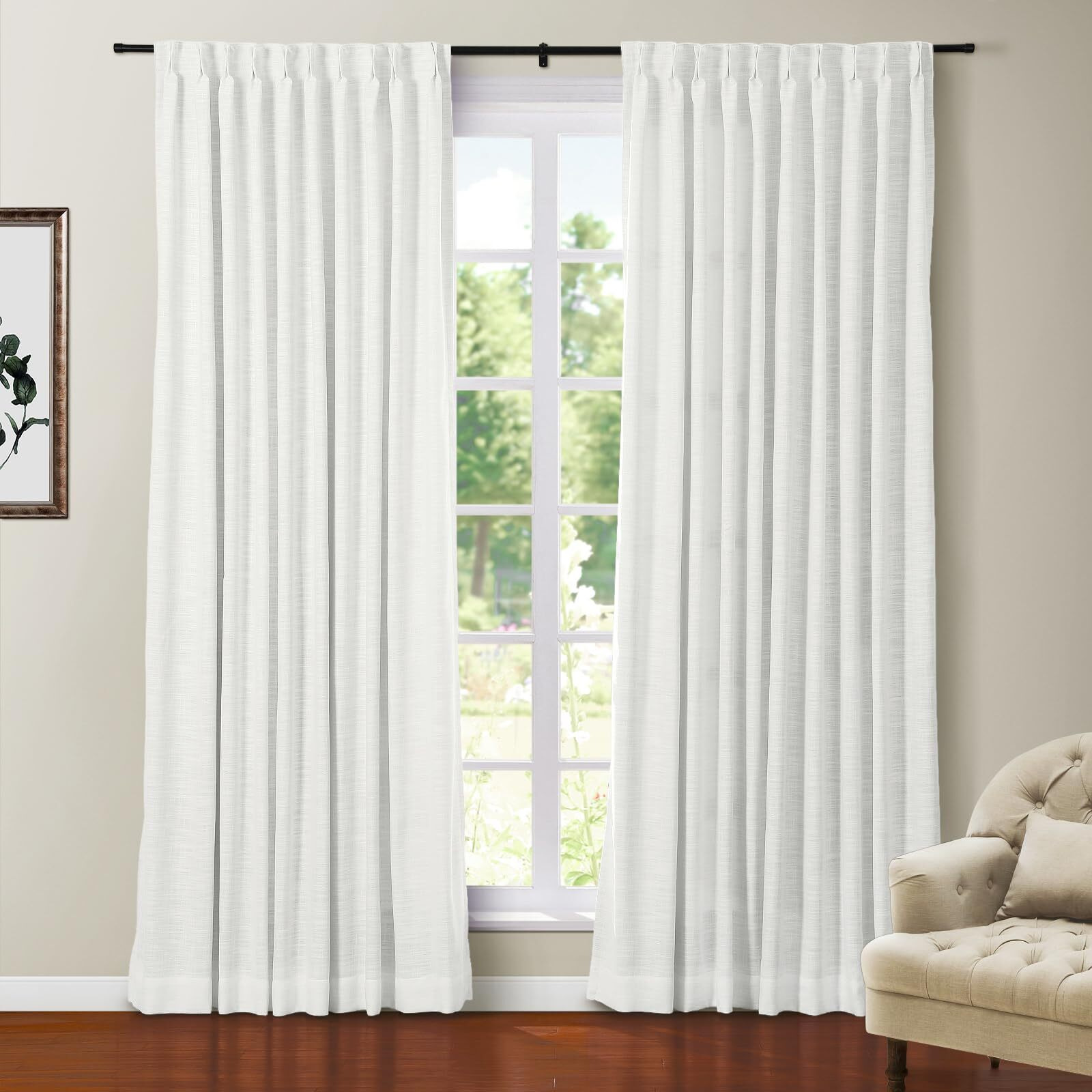 Twopages Warm White Polyester Linen 96 Inches Long Thermal Insulated Curtain With Pinch Pleated And Back Tab Blackout Textured Drape For Bedroom Living Room Double Layer Curtain (52Wx96L  1 Panel)