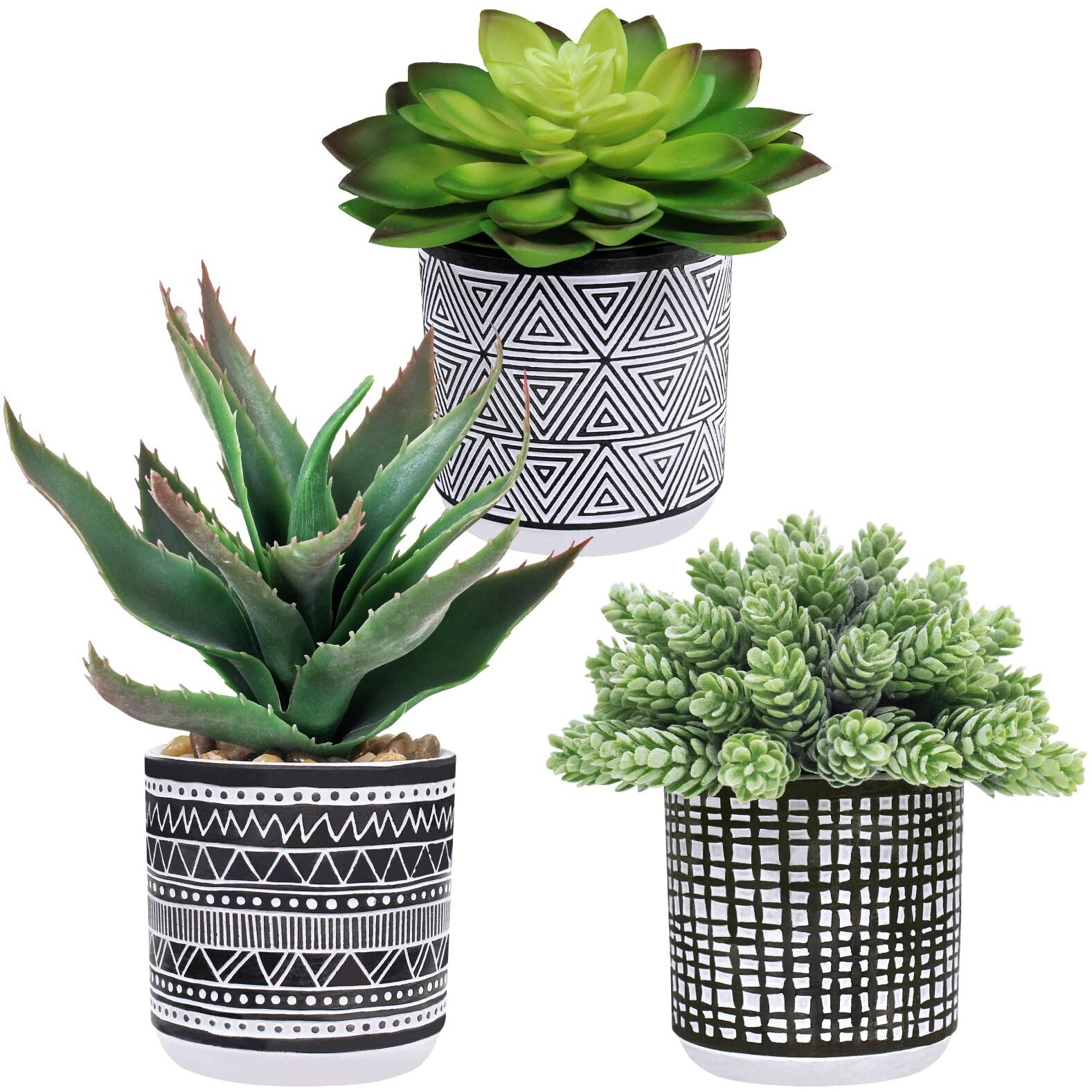 Winlyn Set Of 3 Assorted Small Potted Succulents Arrangement Artificial Succulent Plants In Black And White Geometric Pots For Table Centerpiece Windowsill Shelf Indoor Outdoor Garden Greenery Decor