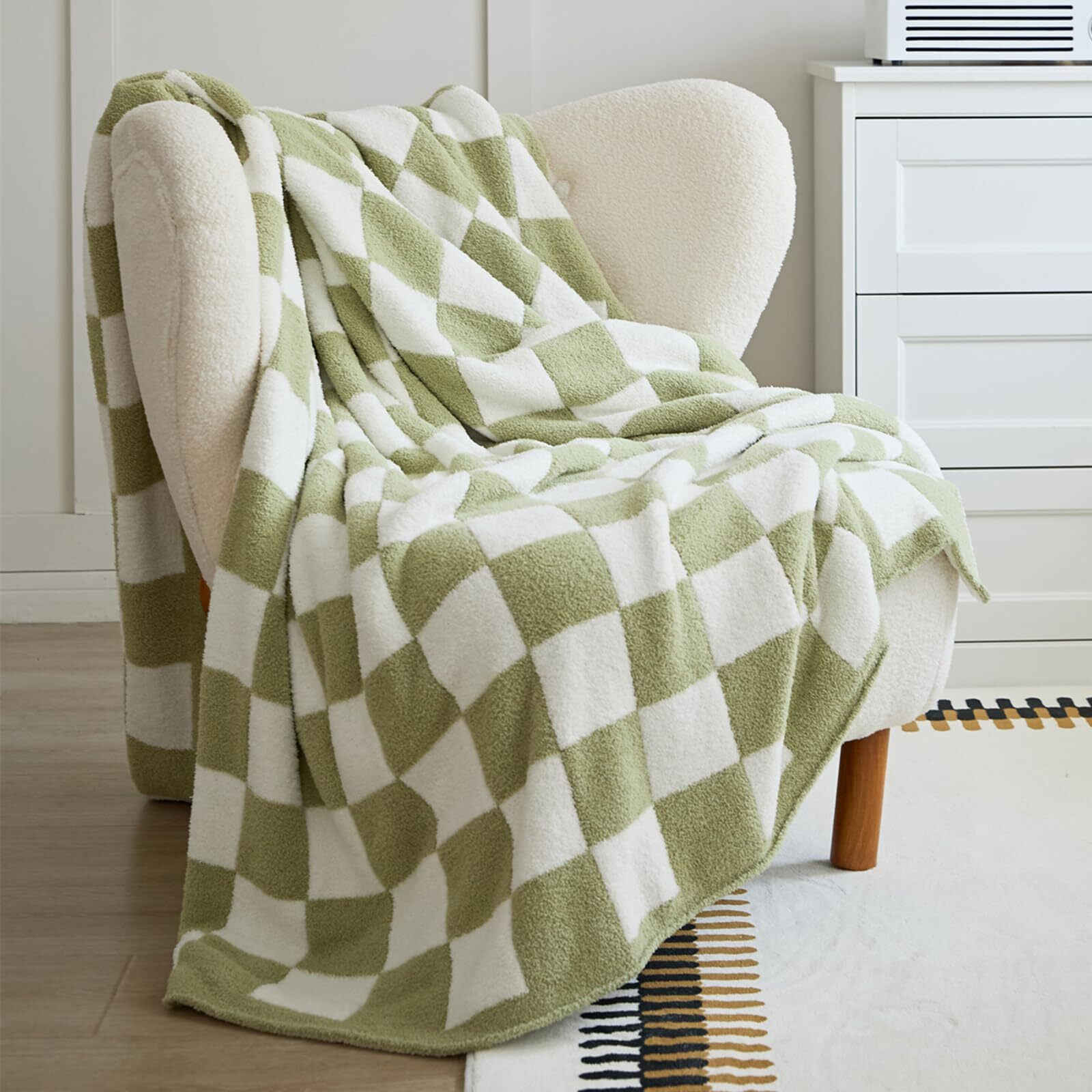 Yiruio Throw Blanket Checkered Chessboard Fluffy Fuzzy Warmer Comfort Reversible Super Soft Cozy Decor For Home Bed Couch Sofa Room Decor (Sage Green  60''X79'')