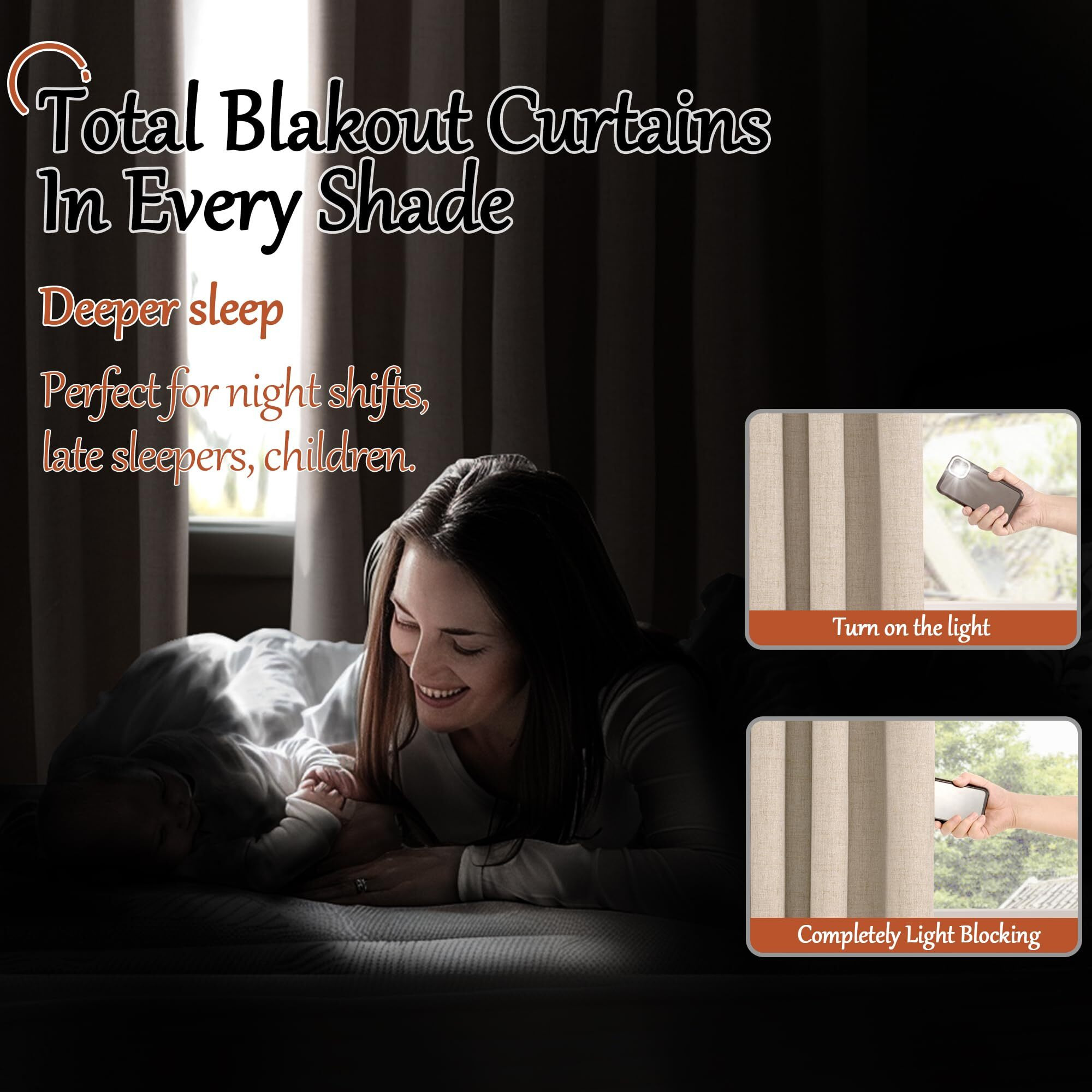 Lajode Beige 100% Blackout Linen Curtains For Living Room 90 Inch Length 2 Panels Set  Faux Linen Thermal Insulated Light Blocking Curtains For Bedroom  Bronze Grommet Boho Window Drape Each 52"" Wide