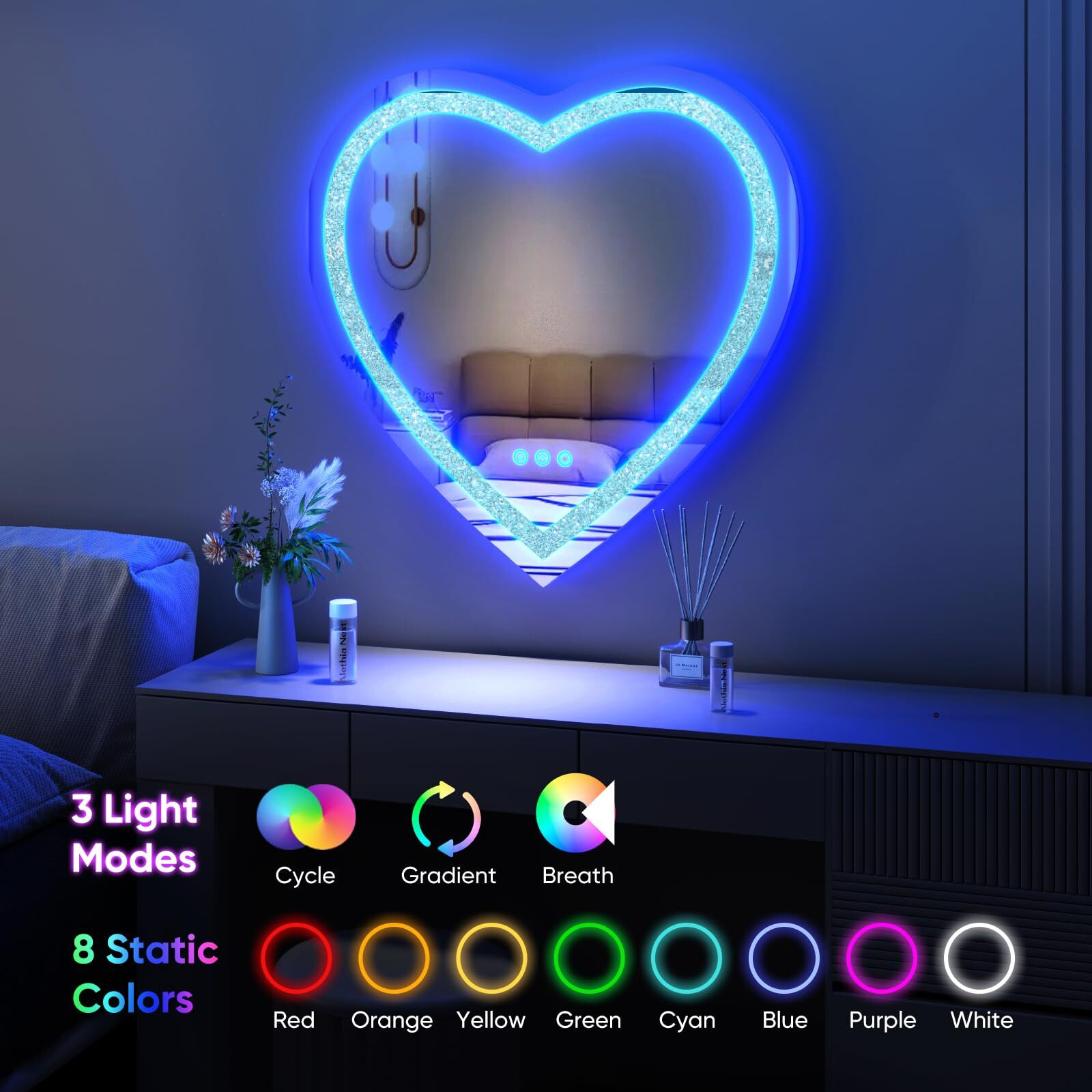 Besmirror 24"&quotX24"" Heart Shaped Mirror Crushed Diamond  Rgbwy Led Heart Vanity Mirror With Lights  3 Lighting Modes And 7 Static Colors  Wall Mounted Led Bathroom Mirror  Dimmable  Memory Function