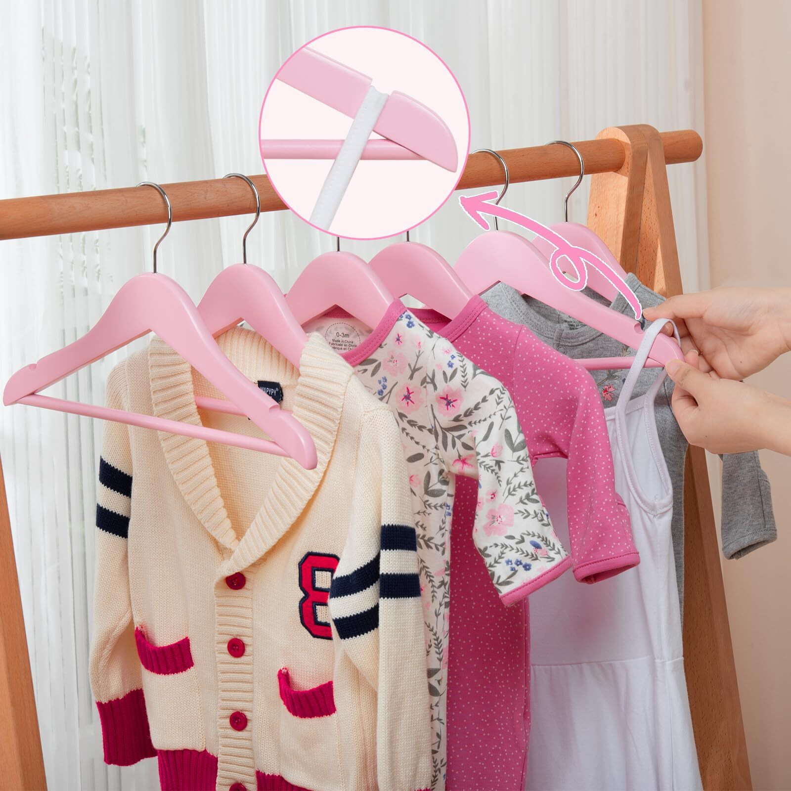 Fairyhaus Kids Wooden Hangers 20Pack Pink  12.8 Inch Baby Wooden Hangers For Closet  Anti-Rust 360 Swivel Hook  Notches & Smooth Finish  Natural Solid Wood Childrens Hangers For Clothes