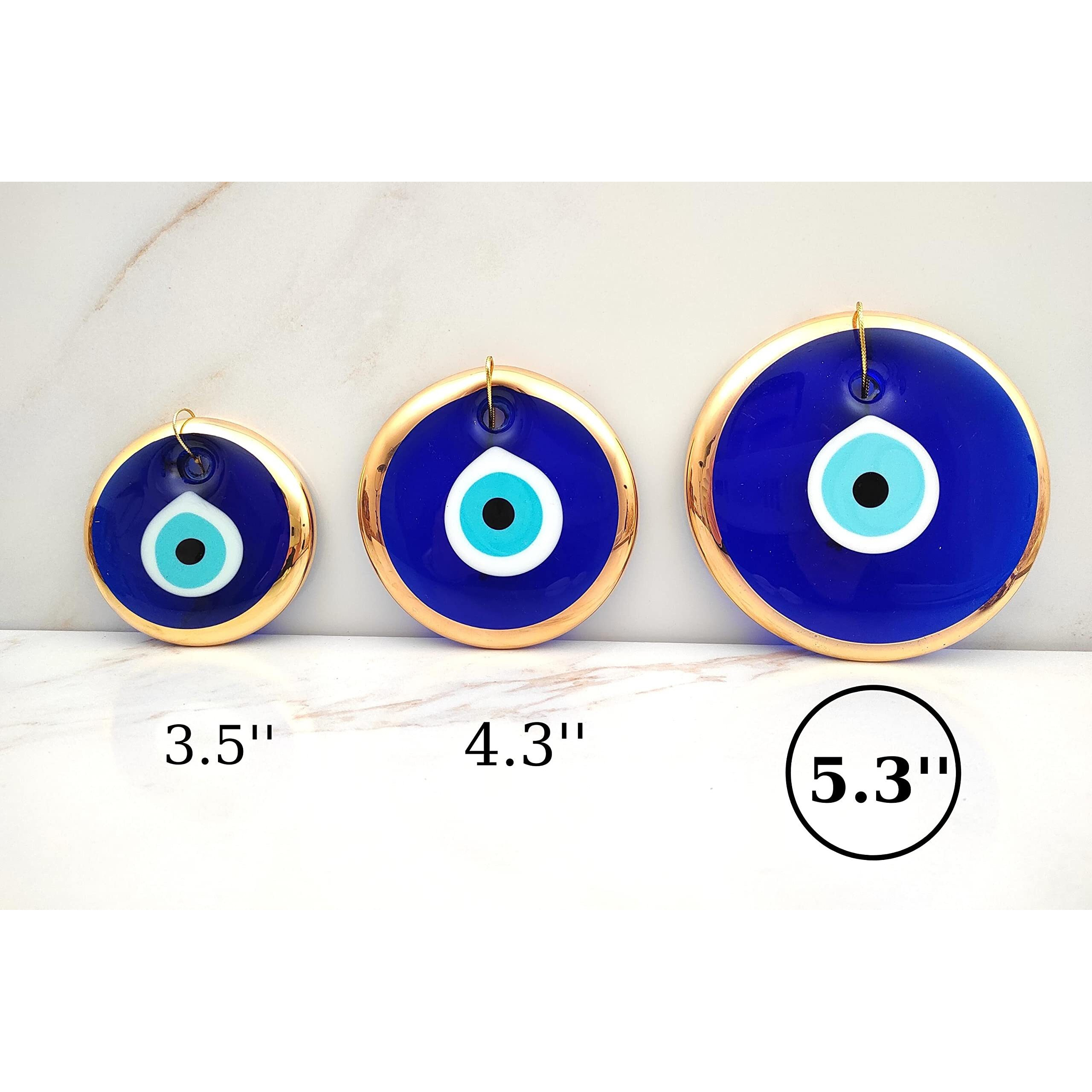 Erbulus 5.3"" Glass Blue Evil Eye Wall Hanging Gold Ornament - Turkish Nazar Bead - Home Protection Charm - Wall Decor Amulet In A Black Box (X-Large)