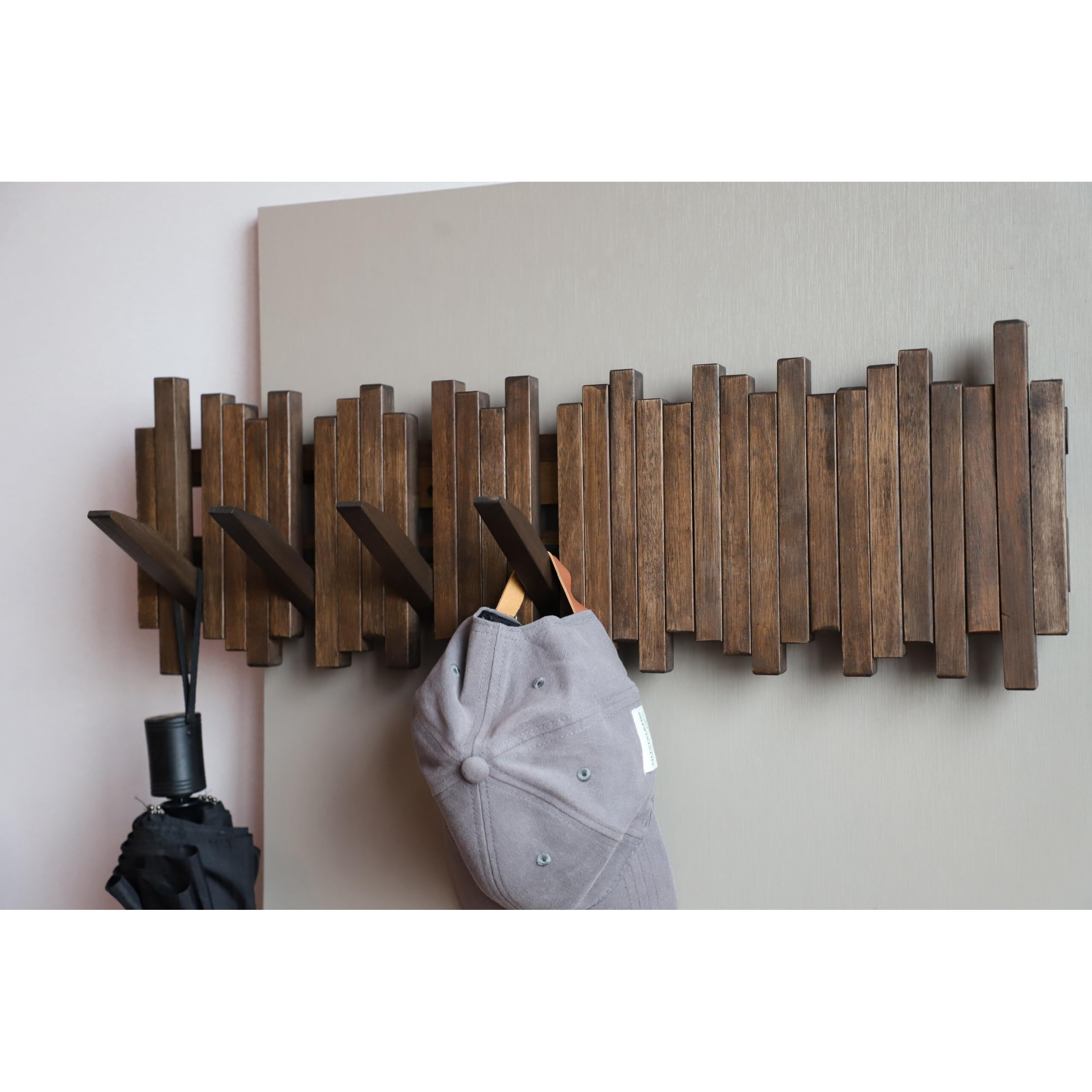 Gogreebell Natural Wood Wall Mounted Piano Coat Rack| Coat Rack Wall Mount| Flip Down Wall Hook Rack 7 Hooks| Entryway Wall Art Hook Made Of Acacia Wood (Wood Wax Oil Dyed Walnut Color).Wall Art