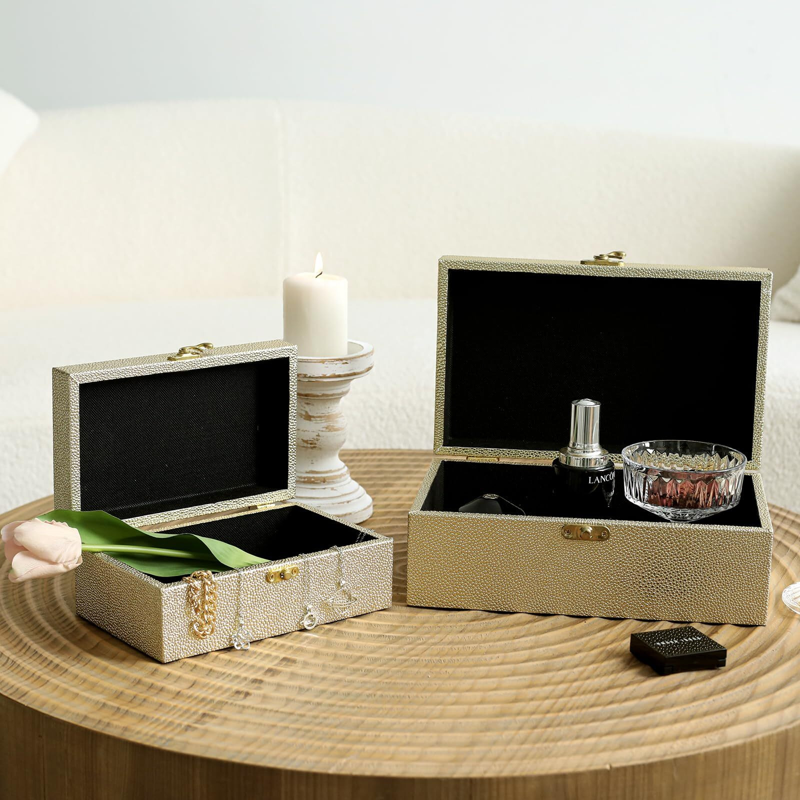 Decor4Season Faux Leather Decorative Storage Boxes Set Of 2  Gold