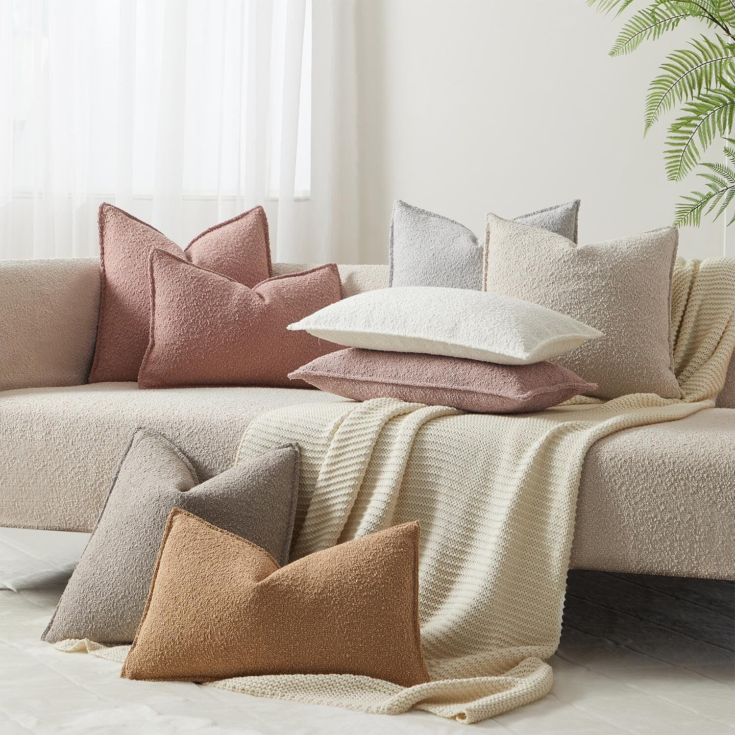 Juspurbet Beige Boucle Broadside Throw Pillow Covers 18X18 Inch Set Of 2 For Couch Bedroom Sofa Living Room Decorative Soft Textured Cushion Cases With Hidden Zipper