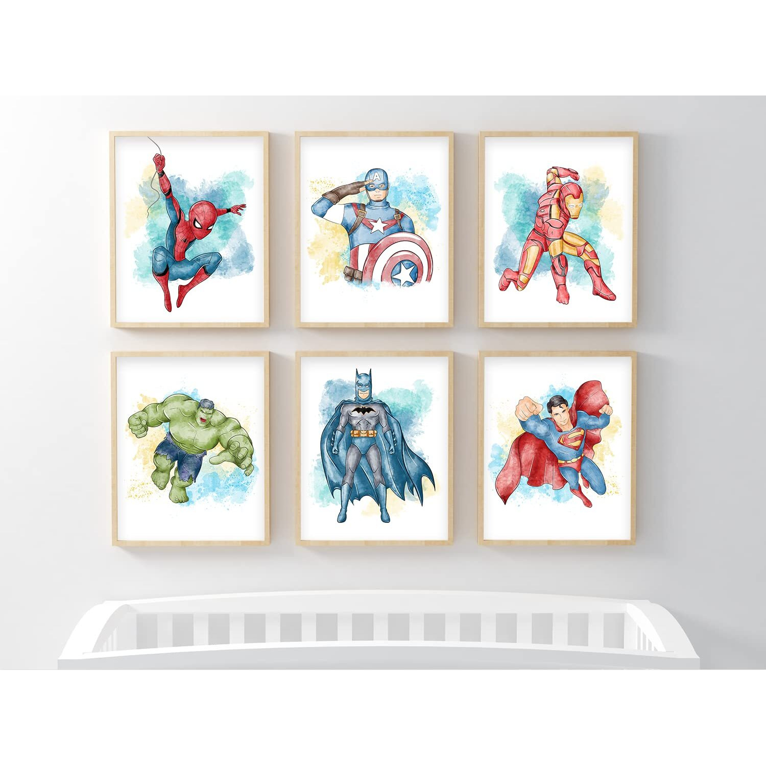 Nistio Superhero Wall Decor  Superhero Wall Art For Boys Bedroom  Avengers Prints  Set Of 6 Prints  Iron Man  Spiderman  Captain America  Hulk  Batman  Superman  Unframed  8X10 Inches