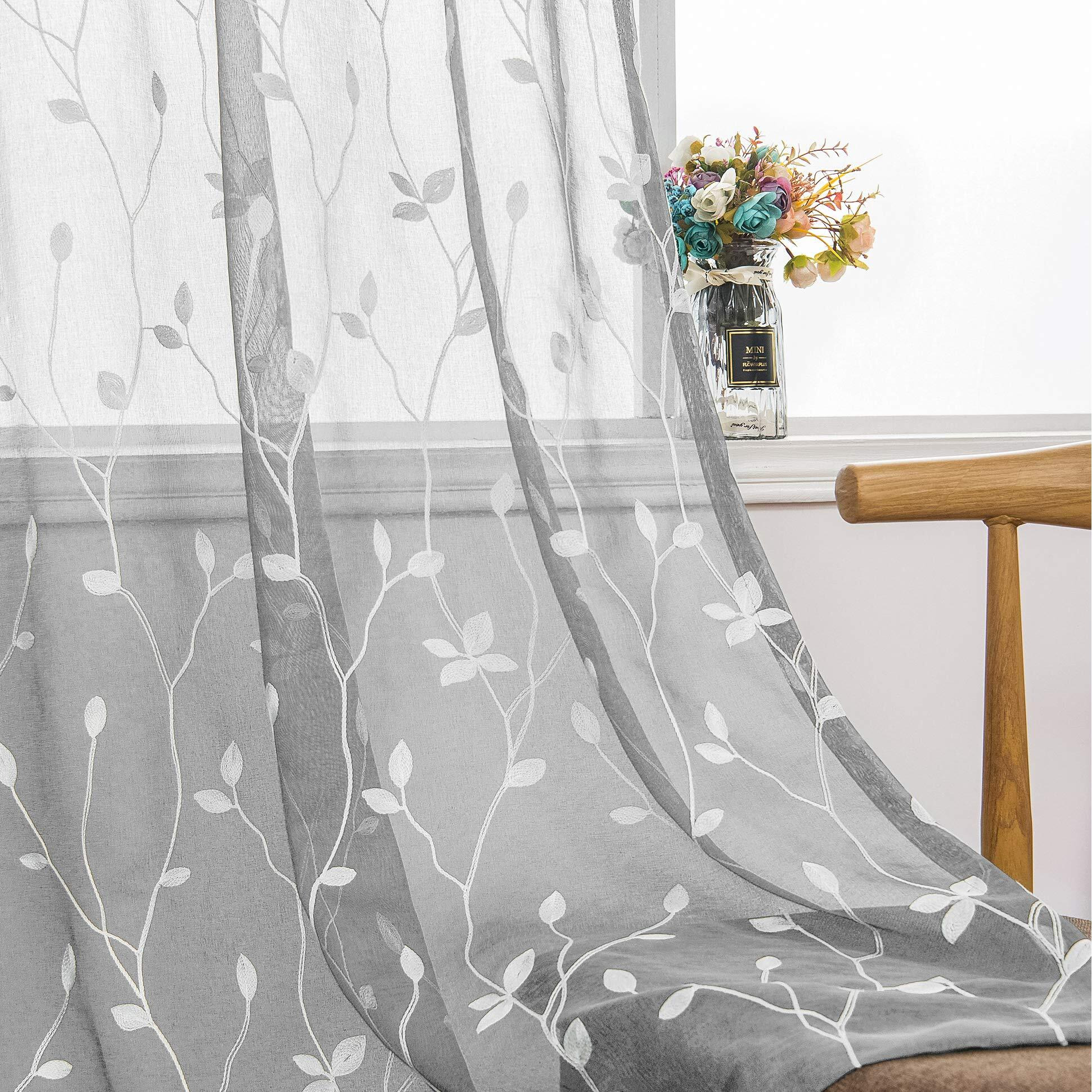 Amhoo 2 Panels Embroidered Leaf Pattern Semi Sheer Curtains Foliage Floral Voile Window Draperies Treatment For Bedroom Living Room Rod Pocket Light Gray 53 X 95 Inch