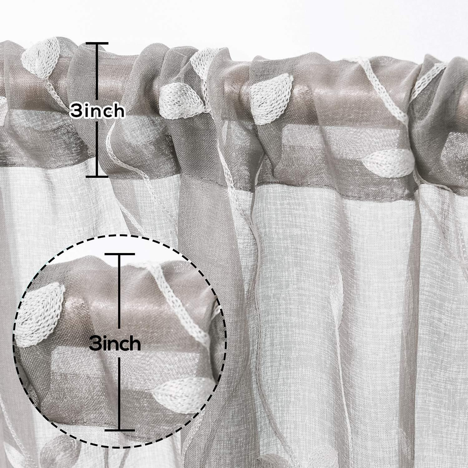 Amhoo 2 Panels Embroidered Leaf Pattern Semi Sheer Curtains Foliage Floral Voile Window Draperies Treatment For Bedroom Living Room Rod Pocket Light Gray 53 X 95 Inch