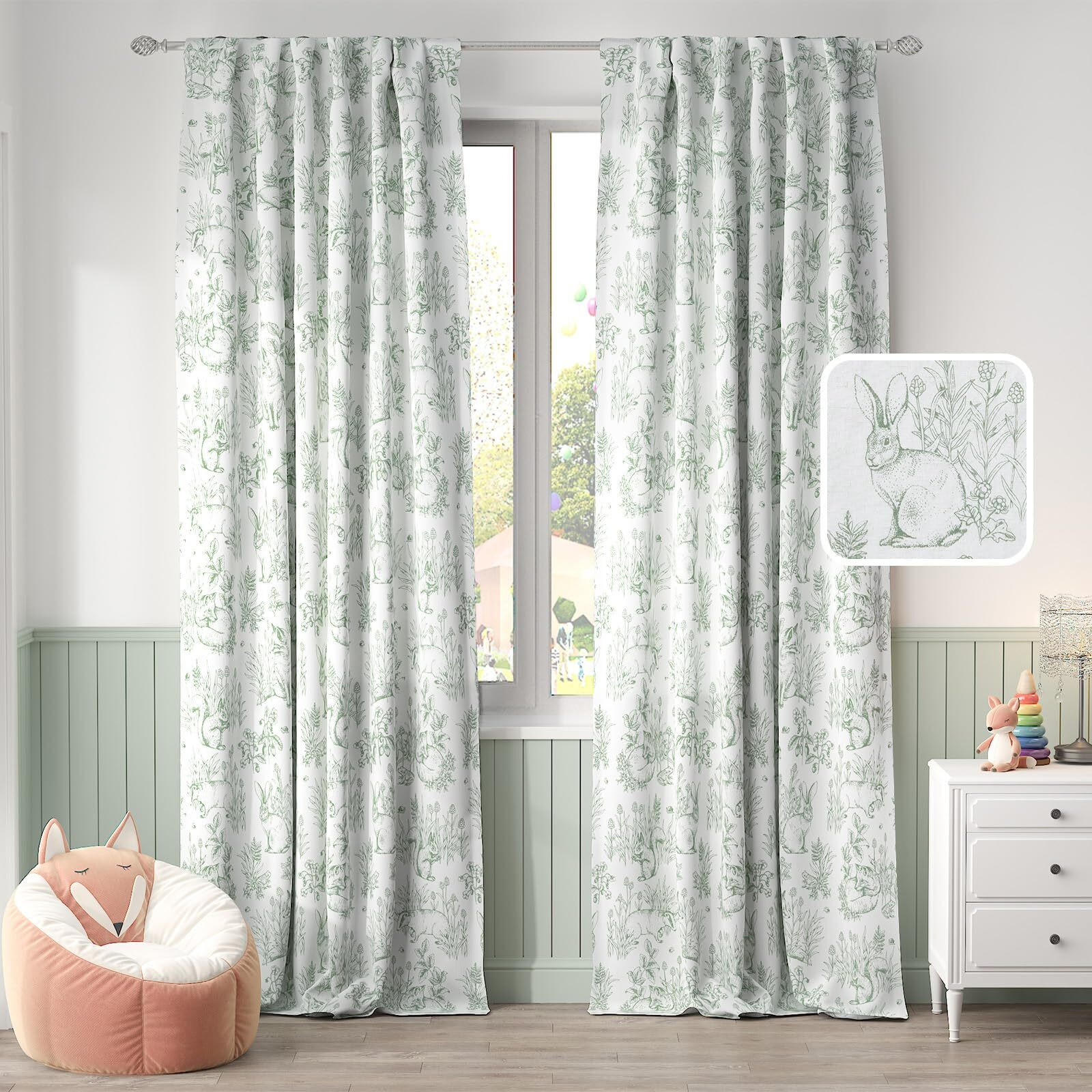 Jinchan Linen Curtains For Bedroom 84 Inch Long Farmhouse Easter Sage Green Curtains French Country Toile Curtains Animal Printed Drapes Light Filtering Kids Window Curtain Set  2 Panels