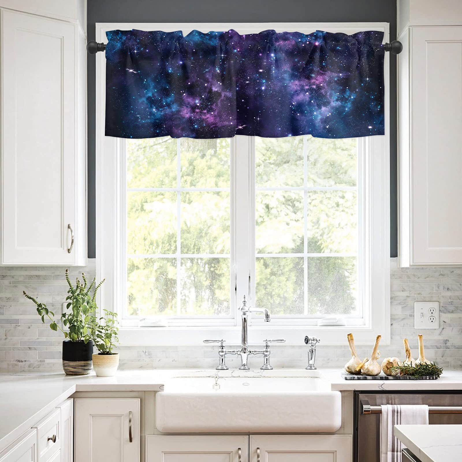 Zadaling Valance Curtain For Kitchen Galaxy Star Nebula Space Starry Sky Window Valance For Living Room Scroll Rod Pocket Valances For Bedroom Decor Window Treatment Valance 1 Panel 18"" X 54""