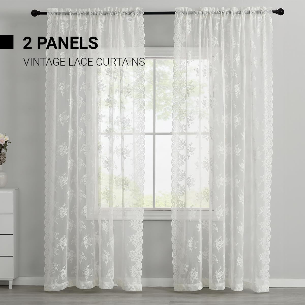 Kotile Ivory Lace Curtains 63 Inch Length - Premium Embroidery Floral Tulle Sheer Lace Curtains For Bedroom  Scalloped Trim Country Lace Window Curtain Panels  52 X 63 Inch  2 Panels  Ivory/Cream