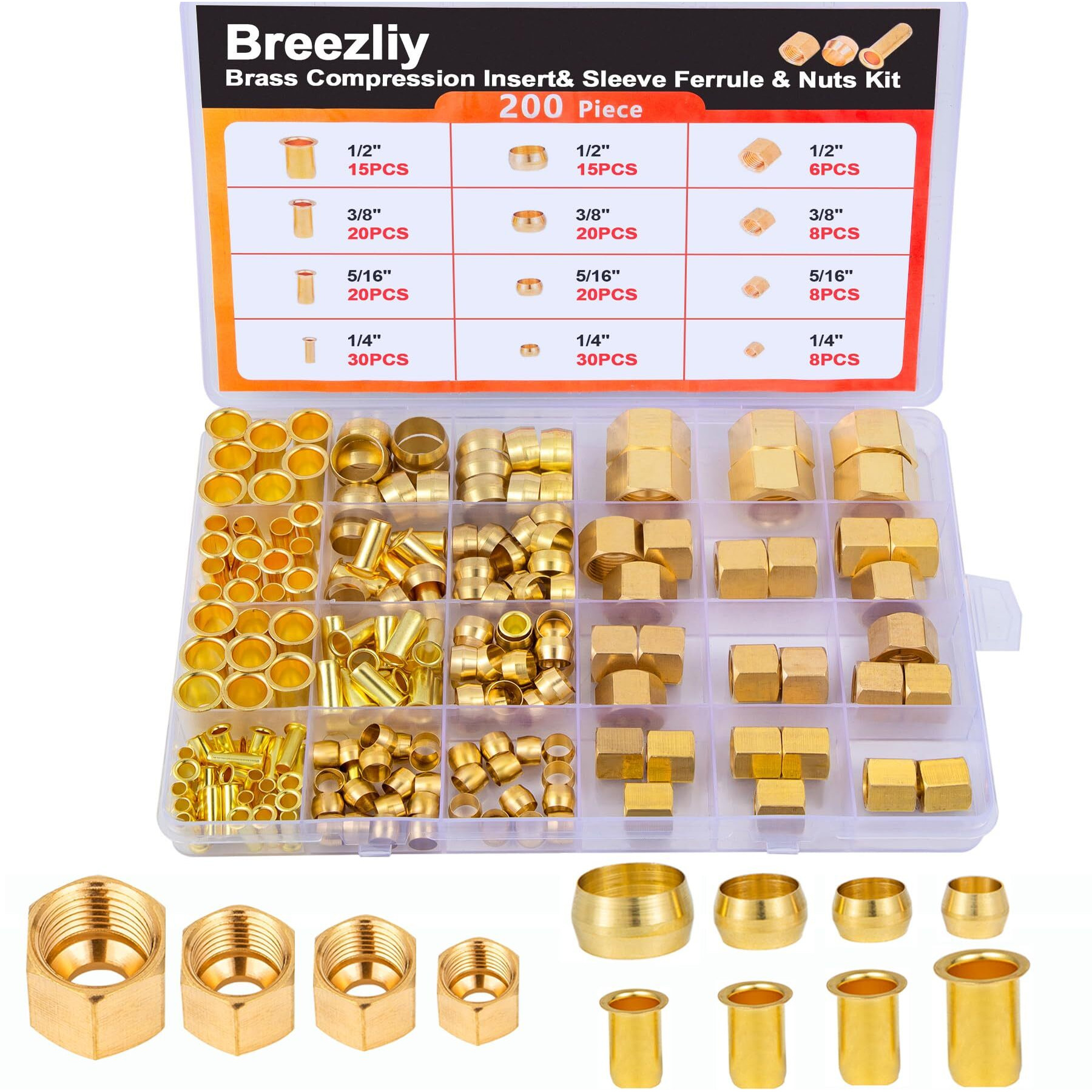Breezliy 1/4""  3/8""  5/16""  1/2"" Od Brass Compression Insert Sleeve Ferrule Nut 200Pcs