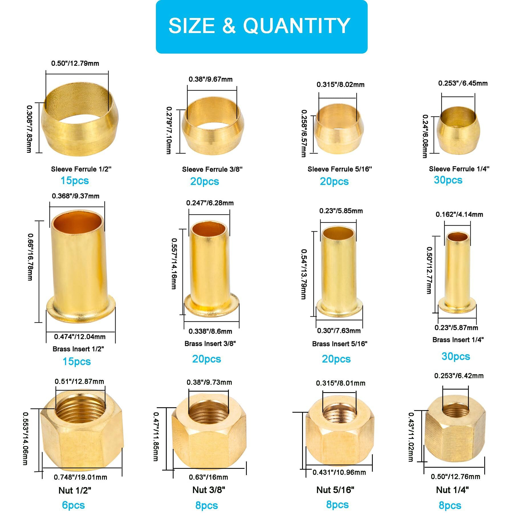 Breezliy 1/4""  3/8""  5/16""  1/2"" Od Brass Compression Insert Sleeve Ferrule Nut 200Pcs