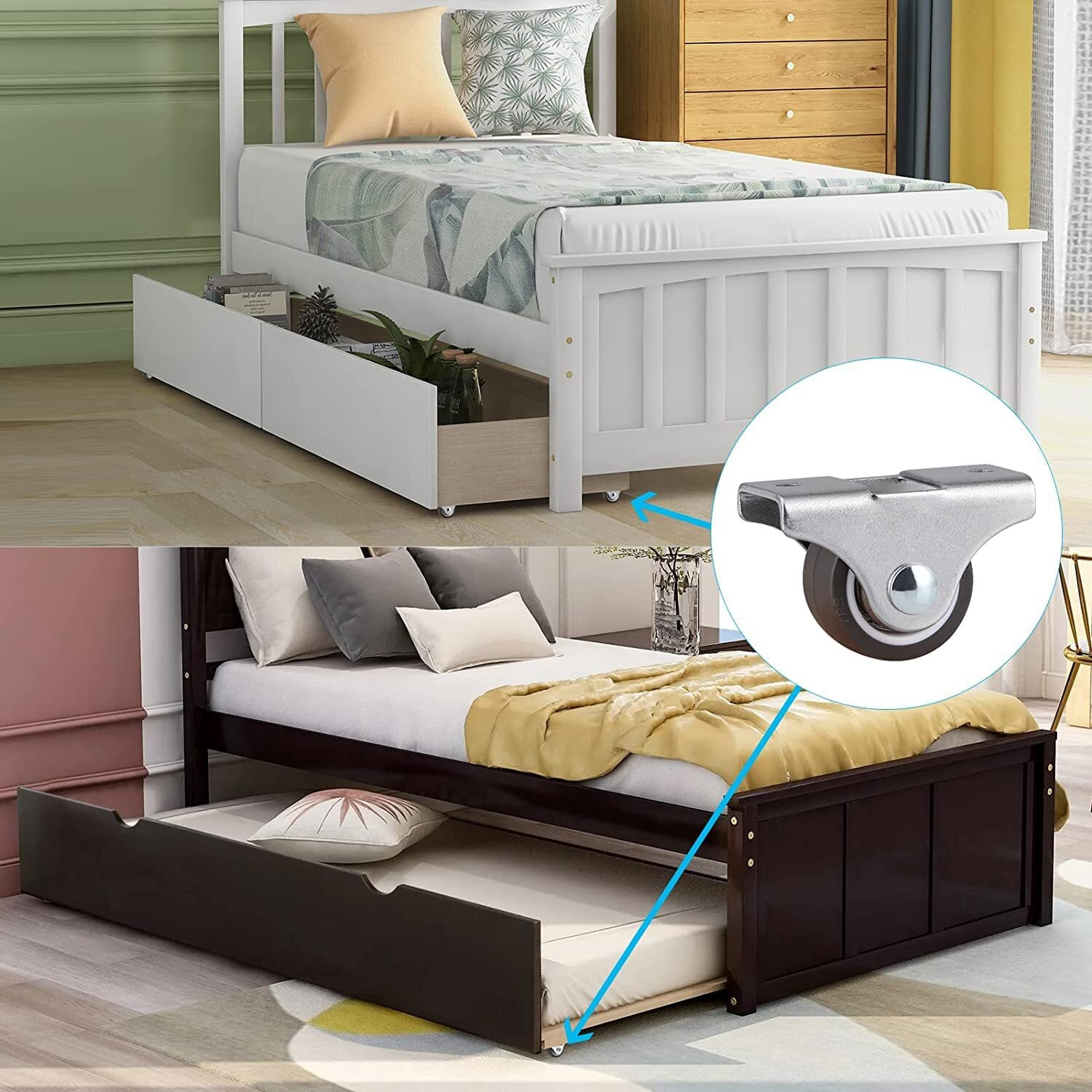 Mini Fixed Caster Wheels 1 Inch Silent Ball Bearing Small Casters Wheels  Metal Top Tpe Rubber Low Profile Caster Wheels For Furniture Rolling Cabinet Trundle Bed Drawer With Screws 4 Pack