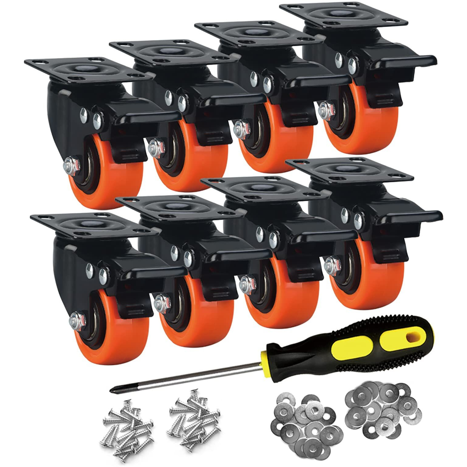 Ashgoob 2"" Caster Wheels Set Of 8  Heavy Duty Casters With Brake  No Noise Locking Casters With Orange Polyurethane (Pu) Wheels  Swivel Plate Castors Pack Of 8