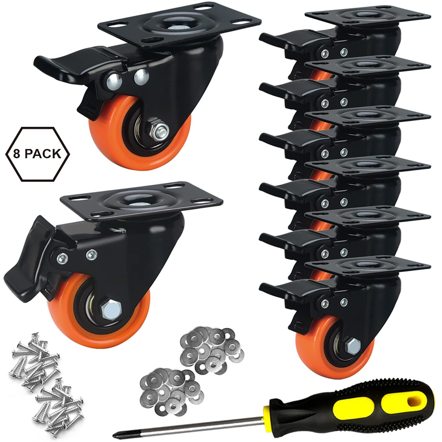 Ashgoob 2"" Caster Wheels Set Of 8  Heavy Duty Casters With Brake  No Noise Locking Casters With Orange Polyurethane (Pu) Wheels  Swivel Plate Castors Pack Of 8
