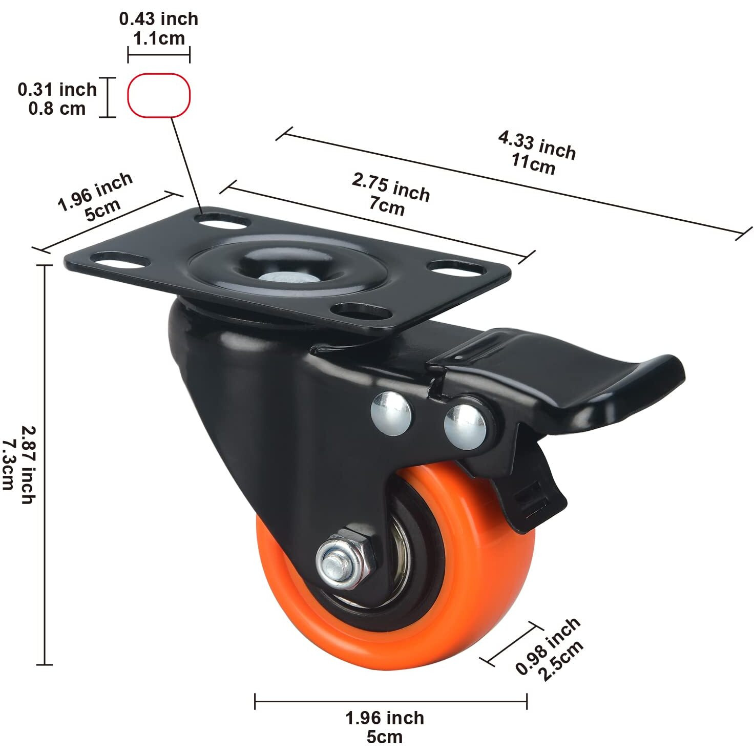 Ashgoob 2"" Caster Wheels Set Of 8  Heavy Duty Casters With Brake  No Noise Locking Casters With Orange Polyurethane (Pu) Wheels  Swivel Plate Castors Pack Of 8