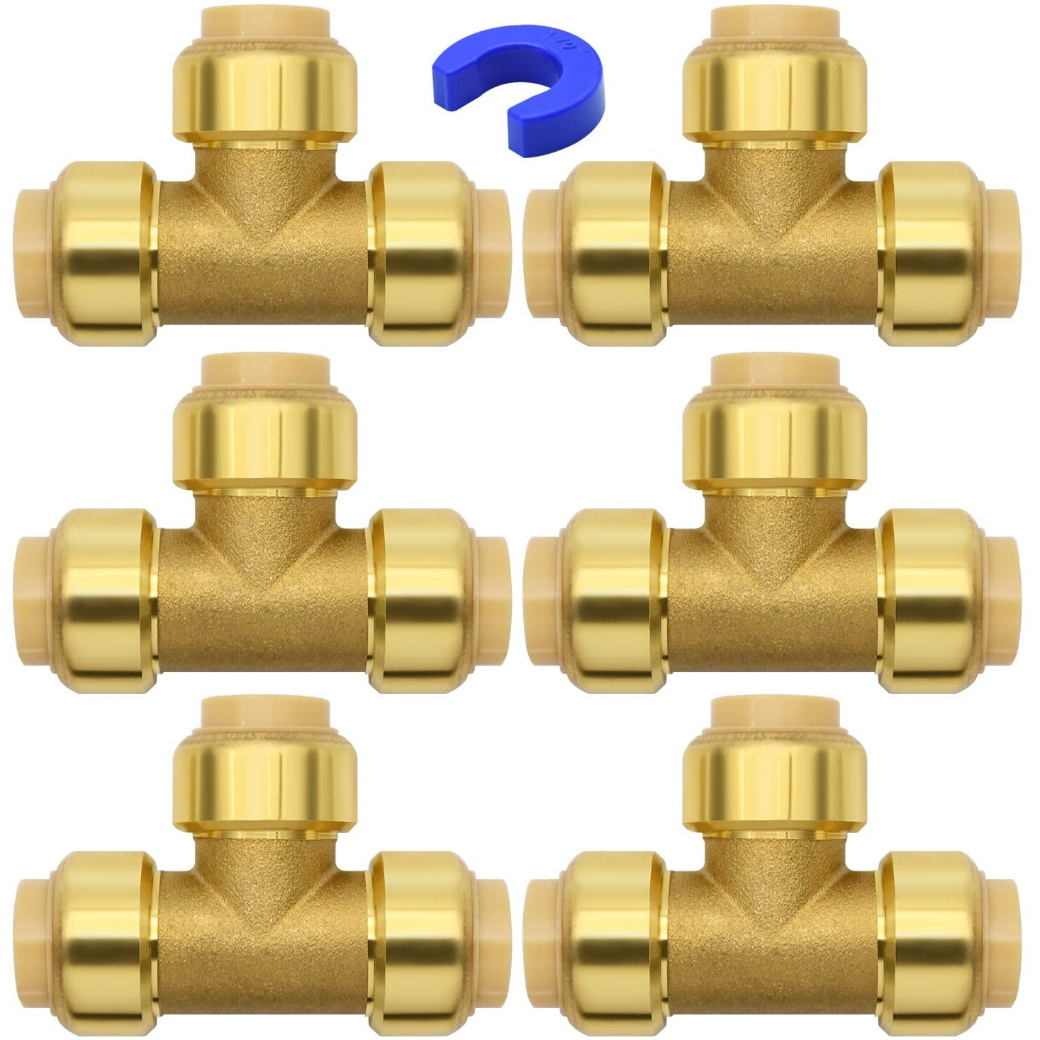 6 Pack Push-To-Connect Plumbing Fittings  1/2"" Pushfit Tee Fittings With Disconnect Clip For Copper  Pex  Cpvc Pipe (1/2"" Tee  6)