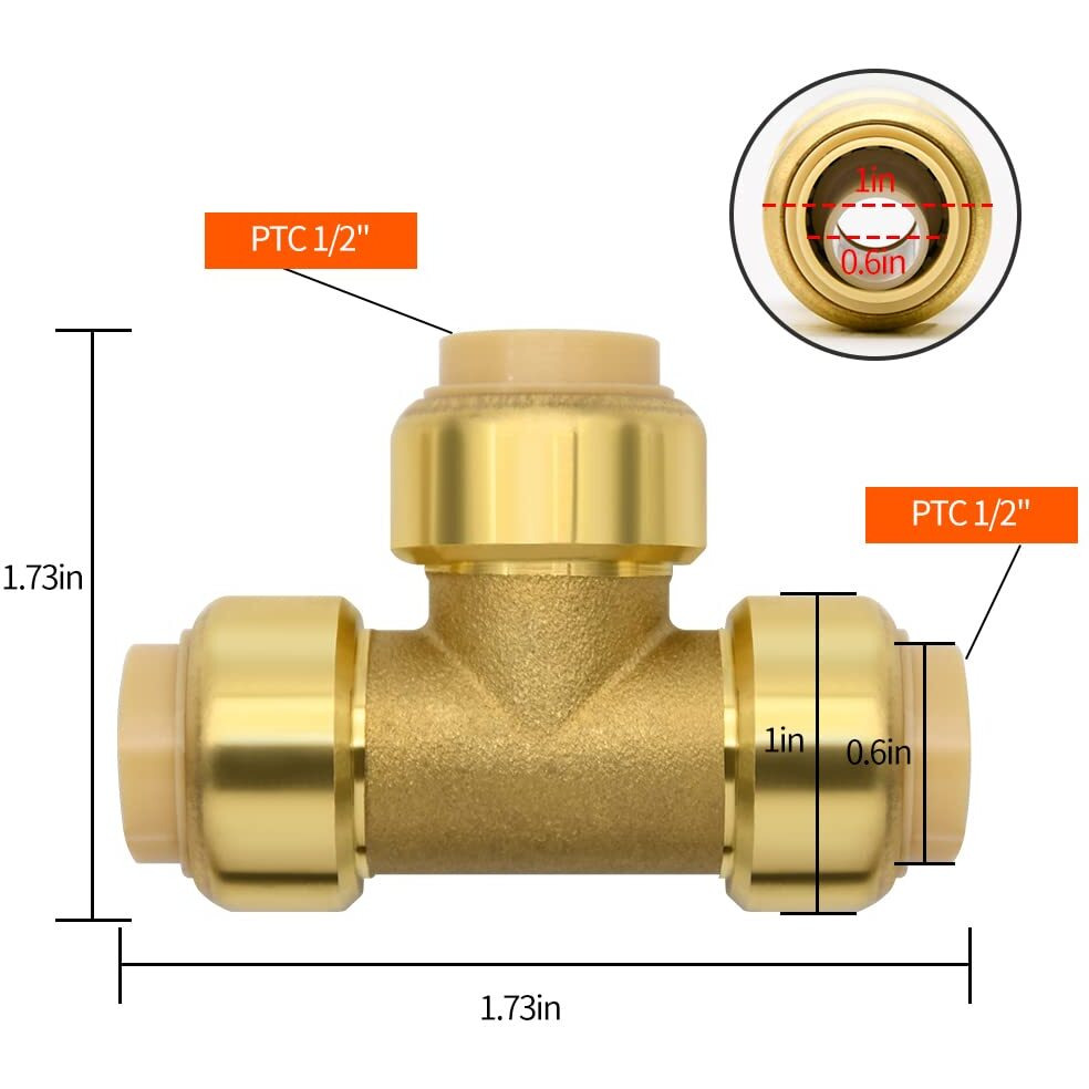 6 Pack Push-To-Connect Plumbing Fittings  1/2"" Pushfit Tee Fittings With Disconnect Clip For Copper  Pex  Cpvc Pipe (1/2"" Tee  6)