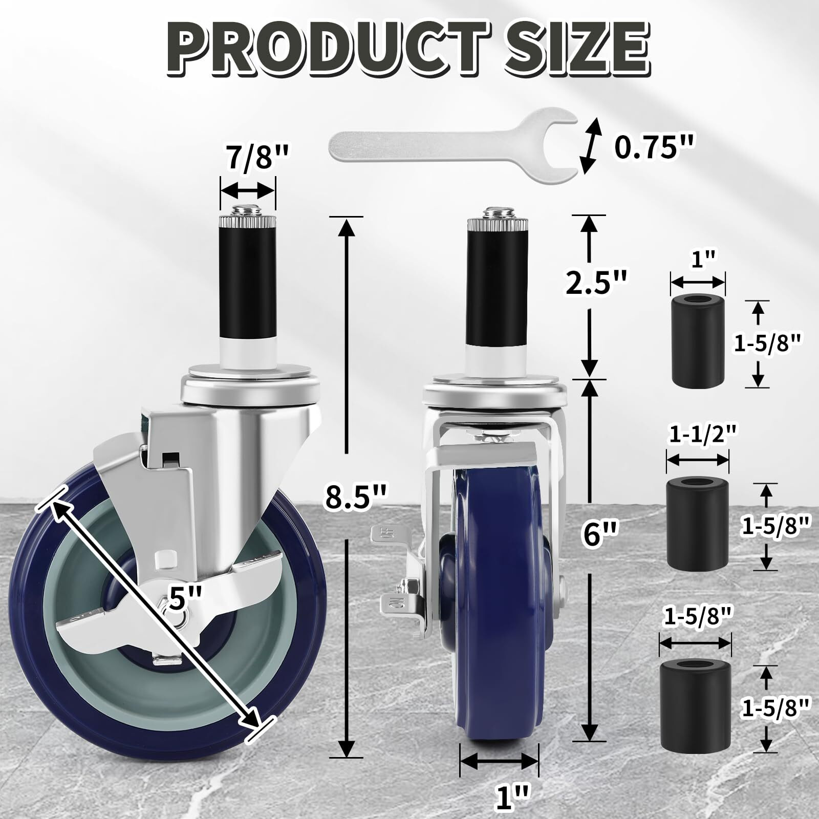 Besitu 5 Inches Prep Table Wheels Set Of 4  Expanding Stem Casters Fit For 7/8""  1""  1-1/2"" And 1-5/8"" Tube Leg For Stainless Steel Table  Cart  Furniture Legs  Commercial Kitchen Appliances