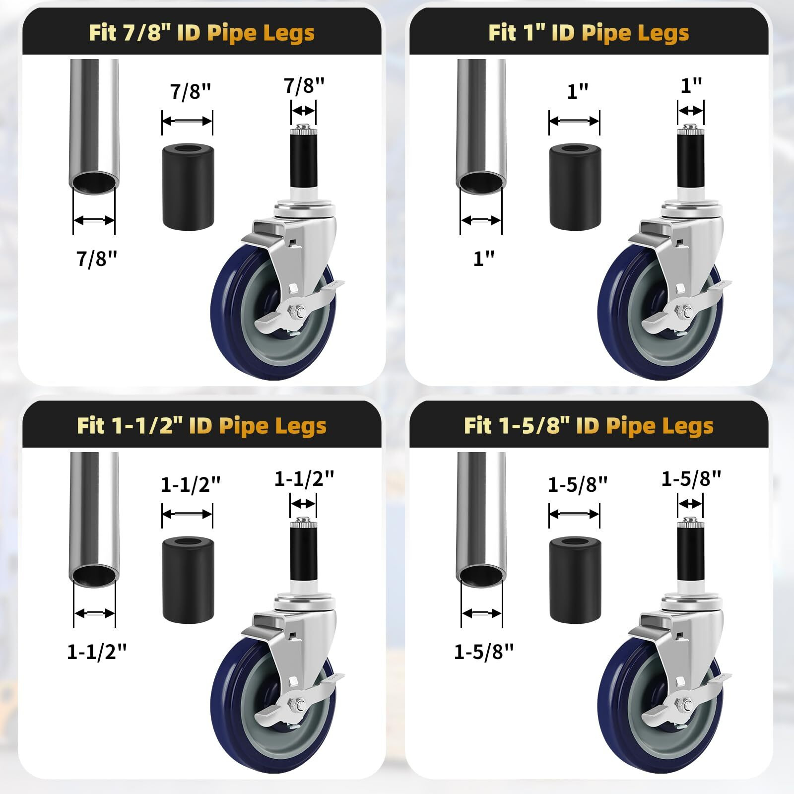 Besitu 5 Inches Prep Table Wheels Set Of 4  Expanding Stem Casters Fit For 7/8""  1""  1-1/2"" And 1-5/8"" Tube Leg For Stainless Steel Table  Cart  Furniture Legs  Commercial Kitchen Appliances
