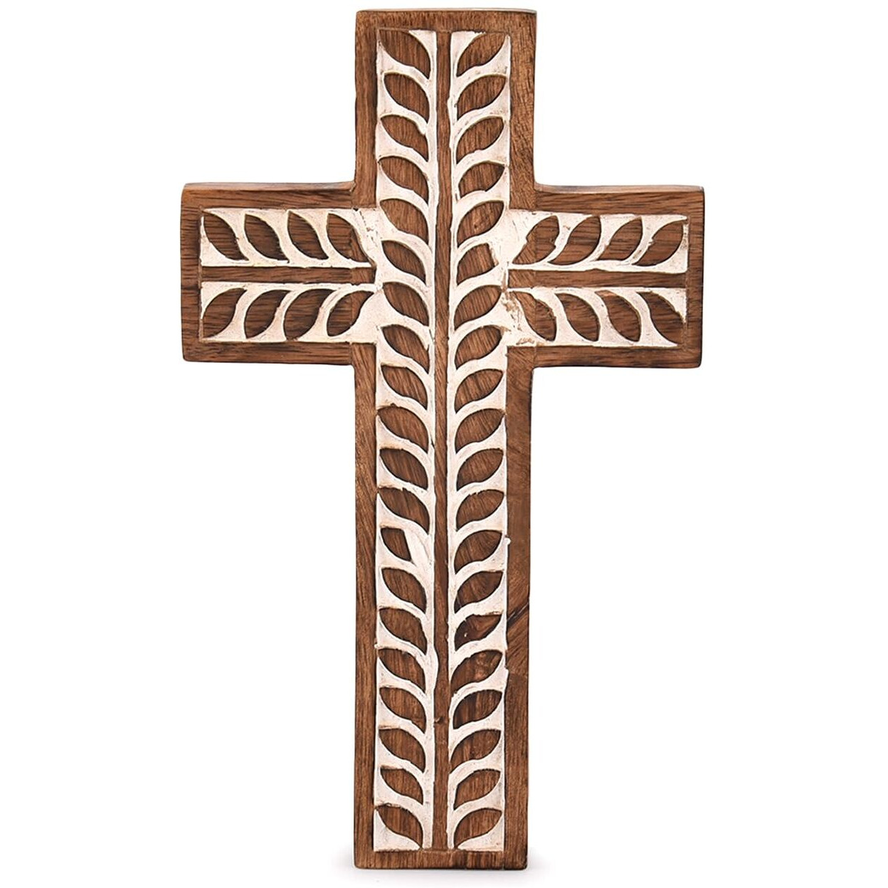Nirman Mango Wood Religious Catholic Cross Wall Hanging Floral Carvings Living Room Home DCor For Entryway Office Living Room (10"" X 6"" X 0.75"")