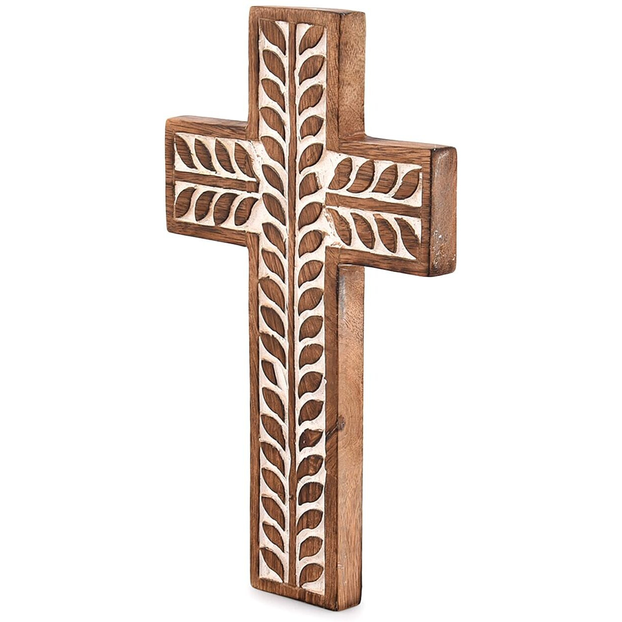 Nirman Mango Wood Religious Catholic Cross Wall Hanging Floral Carvings Living Room Home DCor For Entryway Office Living Room (10"" X 6"" X 0.75"")