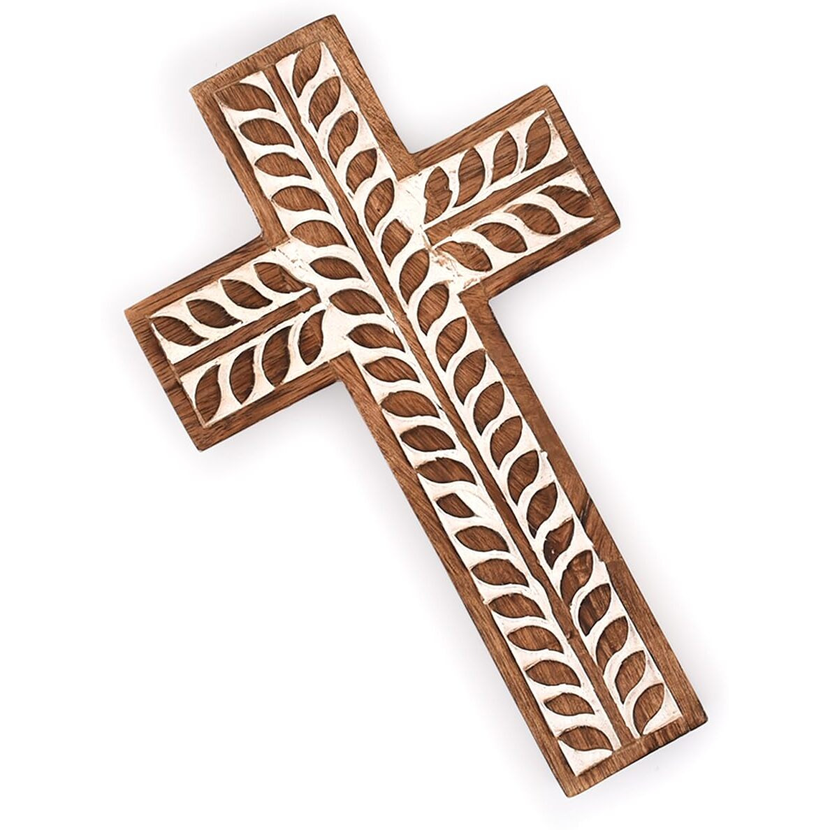 Nirman Mango Wood Religious Catholic Cross Wall Hanging Floral Carvings Living Room Home DCor For Entryway Office Living Room (10"" X 6"" X 0.75"")