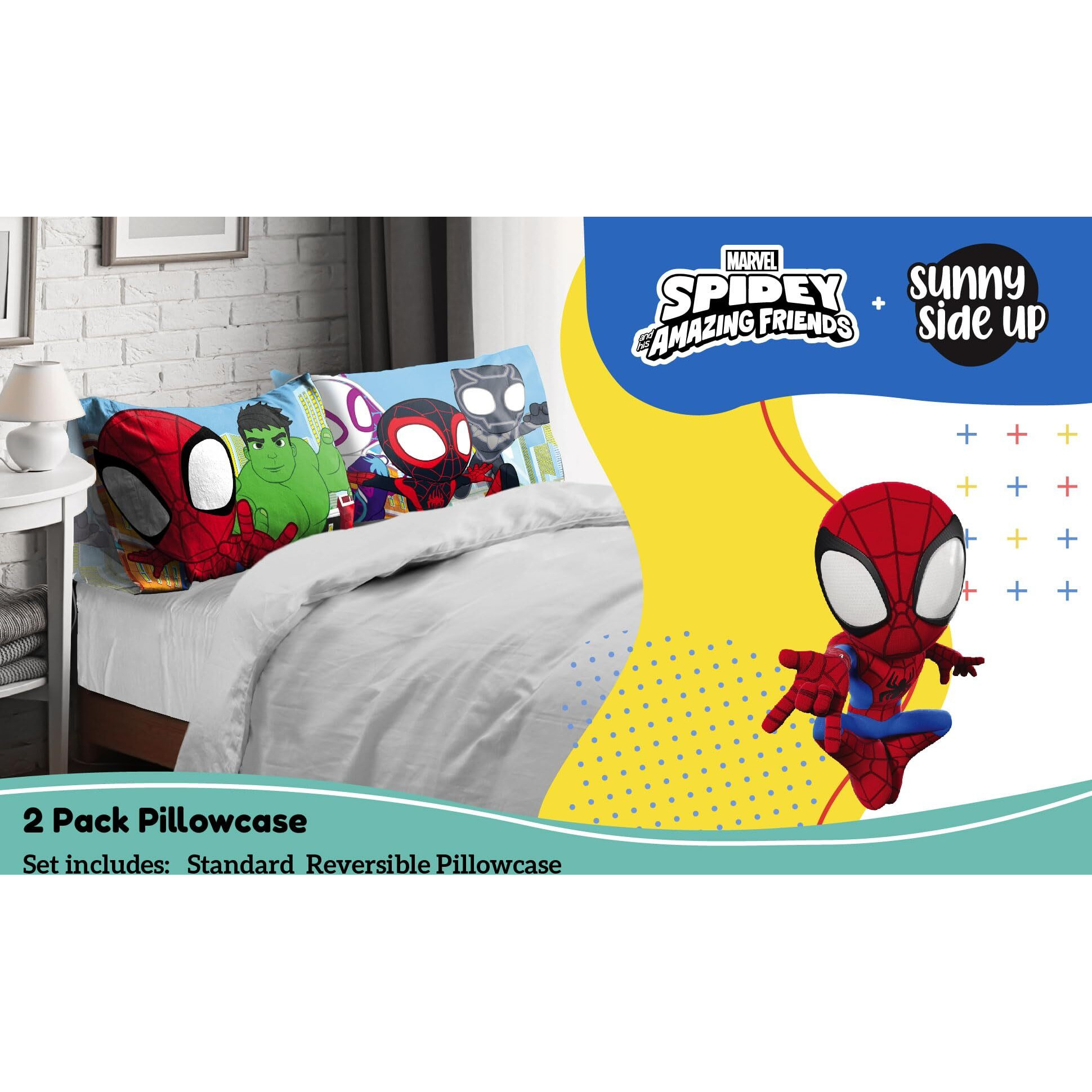 Sunny Side Up Marvel Spidey & His Amazing Friends 2 Pack Reversible Pillowcases - Double Sided Pillow Covers Features Spiderman  Ghost Spider & Miles Morales  Kids Super Soft Superhero Bedding