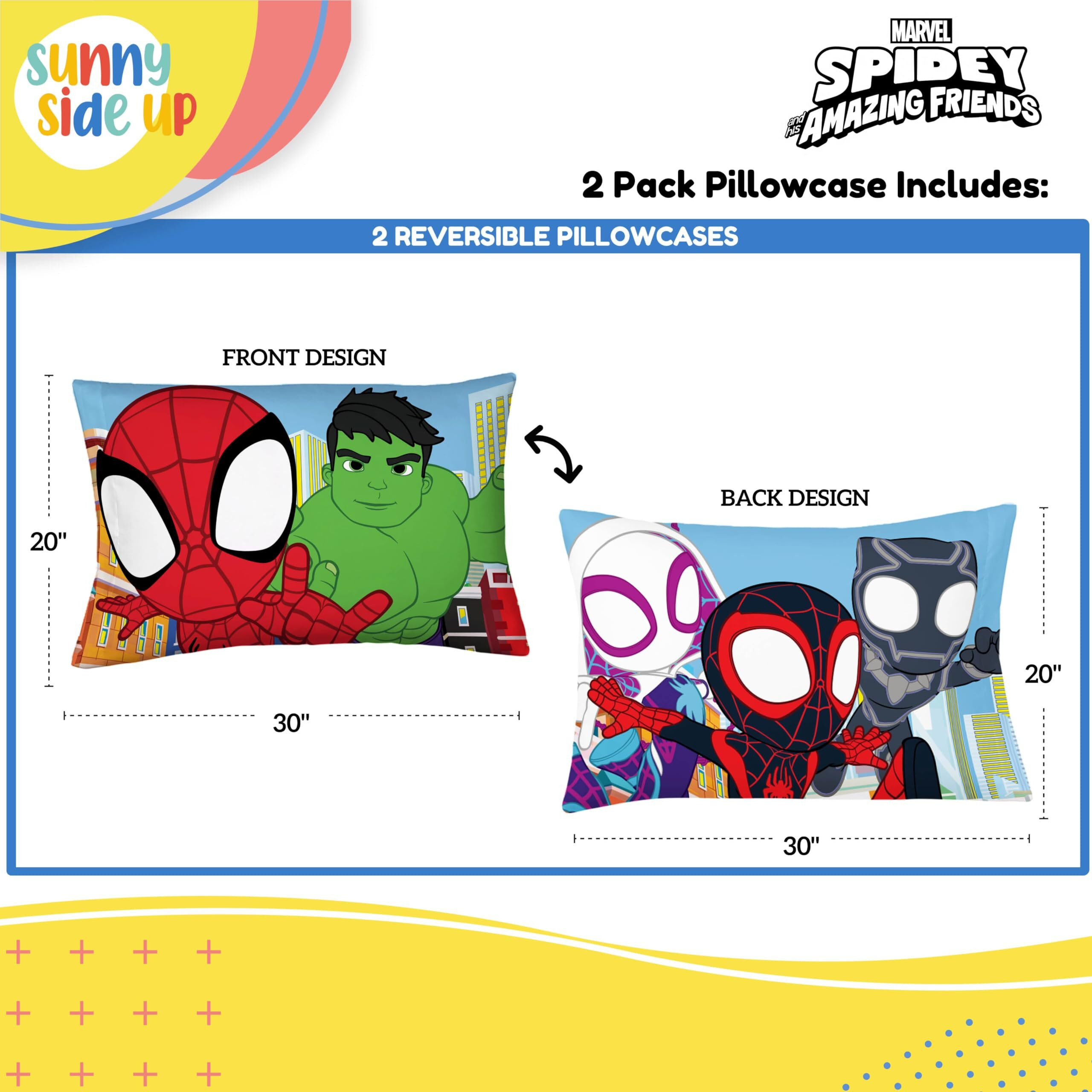 Sunny Side Up Marvel Spidey & His Amazing Friends 2 Pack Reversible Pillowcases - Double Sided Pillow Covers Features Spiderman  Ghost Spider & Miles Morales  Kids Super Soft Superhero Bedding