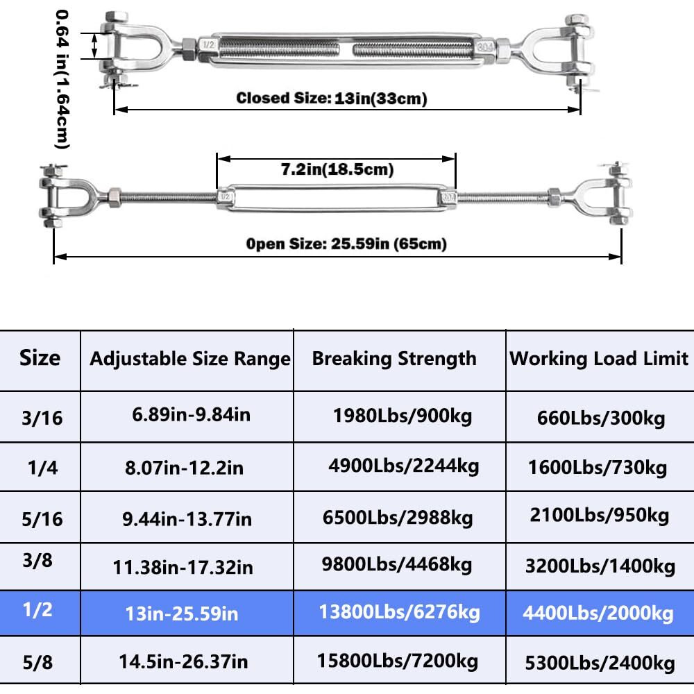 Hannger Turnbuckle 1/2 M12 304 Stainless Steel Turnbuckle  4400 Lbs Working Load Limit  Jaw And Jaw Turnbuckles For Cables Wire Tensioner  Turnbuckle For Shade Sail  Yard Zipline