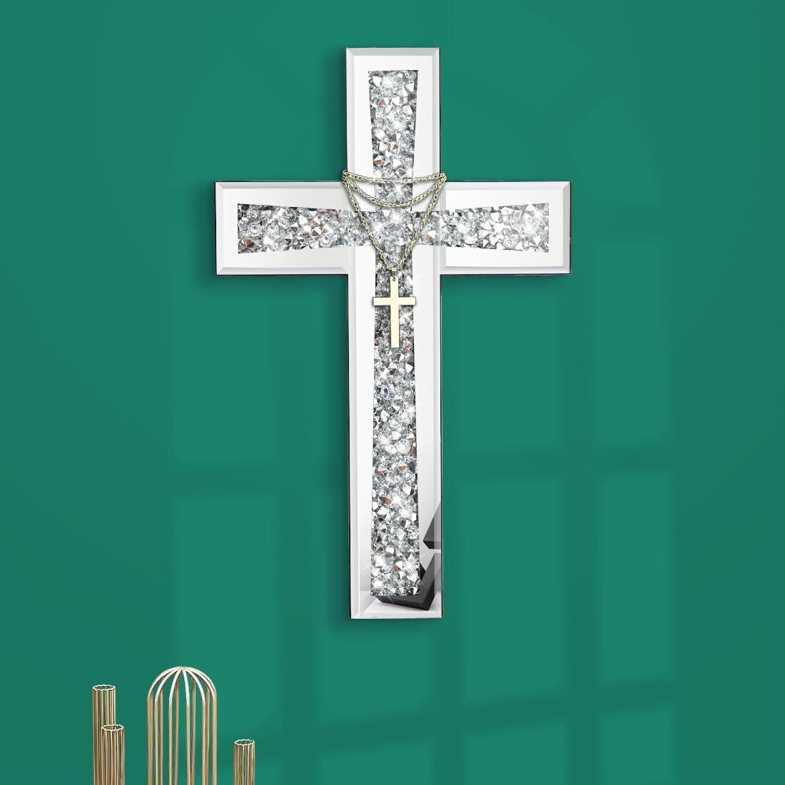 Aeveco Silver Cross Mirror For Wall Decoration  Crystal Crush Diamond Mirrored Cross For Living Room  Bedroom  Home DCor