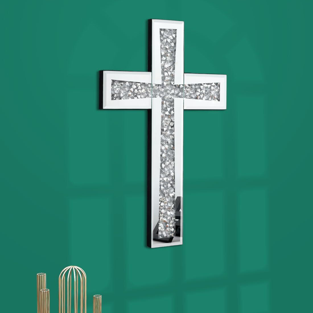 Aeveco Silver Cross Mirror For Wall Decoration  Crystal Crush Diamond Mirrored Cross For Living Room  Bedroom  Home DCor