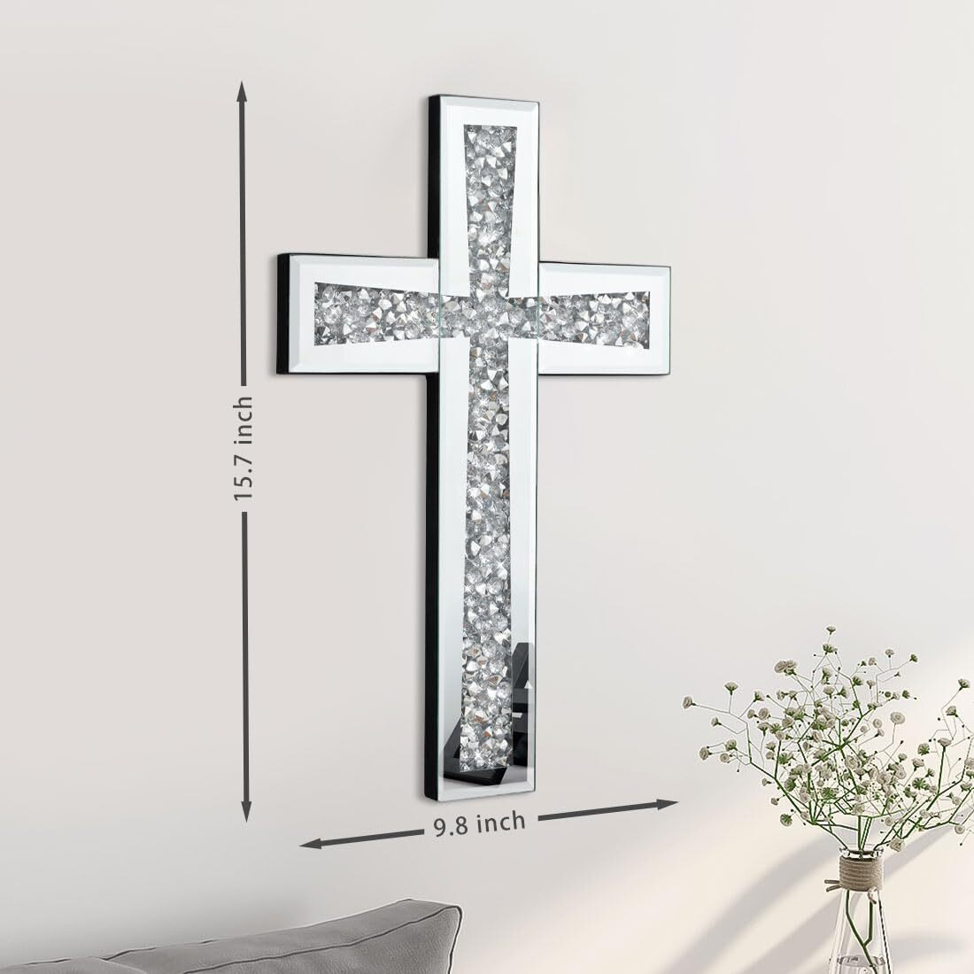 Aeveco Silver Cross Mirror For Wall Decoration  Crystal Crush Diamond Mirrored Cross For Living Room  Bedroom  Home DCor