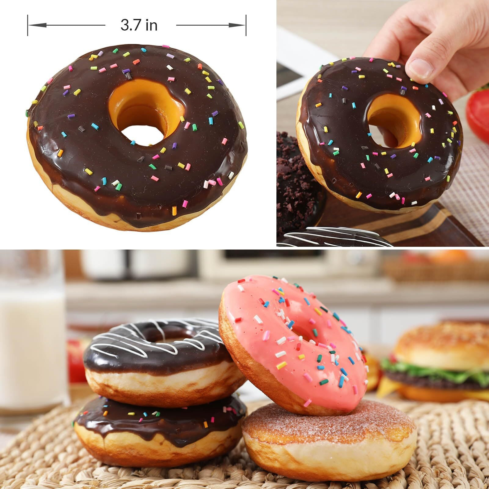 Joeabor Fake Donut 4 Pack Artificial Doughnut For Decoration Realistic Fake Food For Display Faux Dessert Party Decorations Photography Props