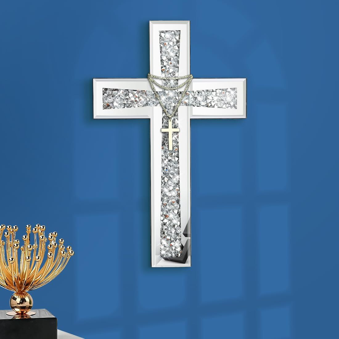 Aeveco Silver Mirrored Wall Cross 1510 Inch  Crystal Crush Diamond Cross For Wall  Living Room  Bedroom  Home Decor