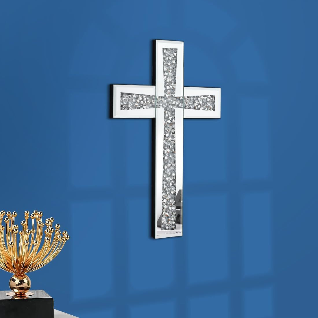 Aeveco Silver Mirrored Wall Cross 1510 Inch  Crystal Crush Diamond Cross For Wall  Living Room  Bedroom  Home Decor