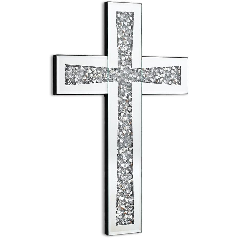 Aeveco Silver Mirrored Wall Cross 1510 Inch  Crystal Crush Diamond Cross For Wall  Living Room  Bedroom  Home Decor