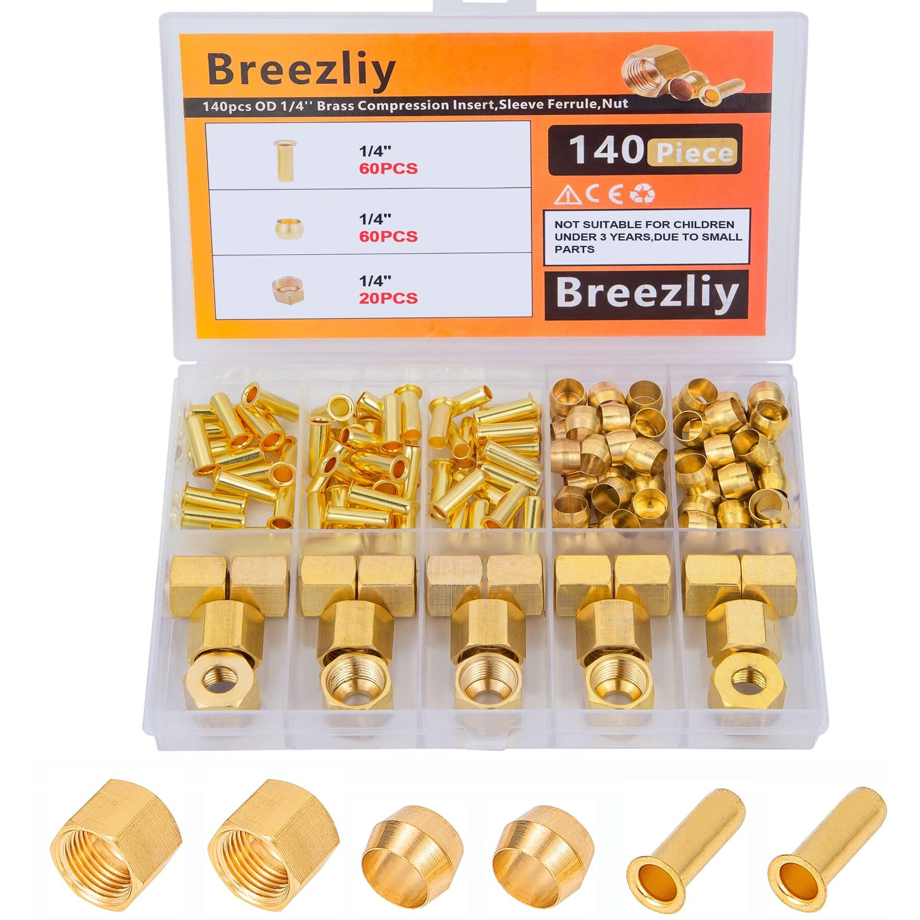 Breezliy 140Pcs 1/4 Inch Compression Fittings Assortment Kit- 60 Brass Compression Sleeve Ferrule  60 Brass Insert & 20 Nuts - Used To Connect Lines For Air Water Fuel Oil And Inert Gases