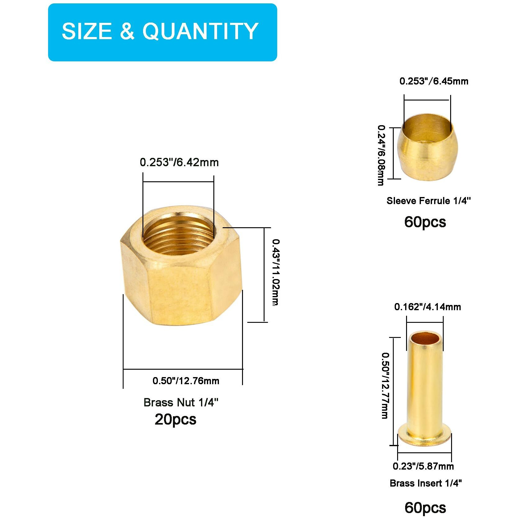 Breezliy 140Pcs 1/4 Inch Compression Fittings Assortment Kit- 60 Brass Compression Sleeve Ferrule  60 Brass Insert & 20 Nuts - Used To Connect Lines For Air Water Fuel Oil And Inert Gases