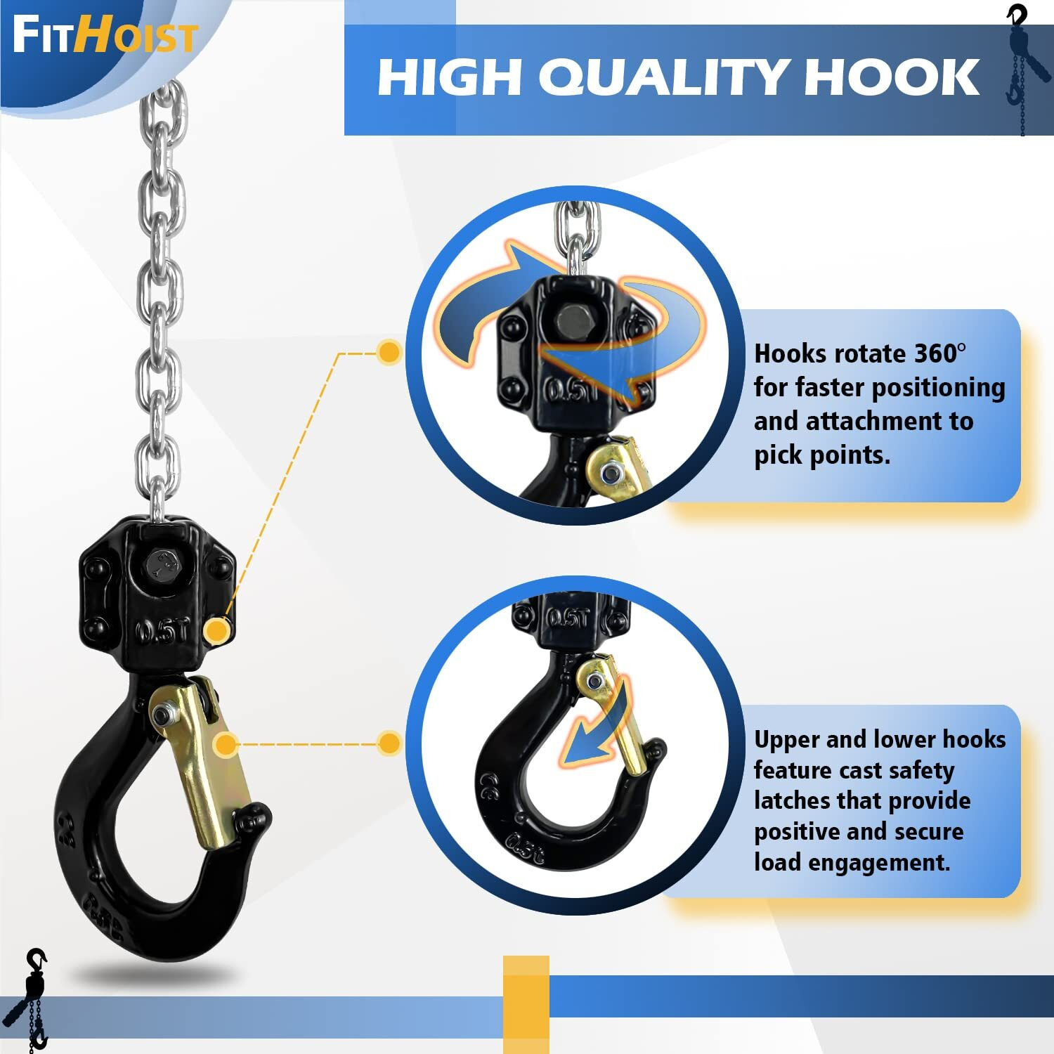 Fithoist Mini Chain Hoist 1/2 Ton 1100Lbs Capacity 10Ft Lift Manual Lever Chain Hoist Alloy Steel G80 Chain 2 Heavy Duty Hooks  For Garages Warehouse Automotive Machinery