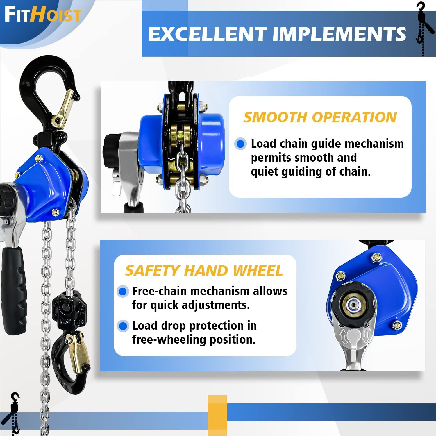 Fithoist Mini Chain Hoist 1/2 Ton 1100Lbs Capacity 10Ft Lift Manual Lever Chain Hoist Alloy Steel G80 Chain 2 Heavy Duty Hooks  For Garages Warehouse Automotive Machinery