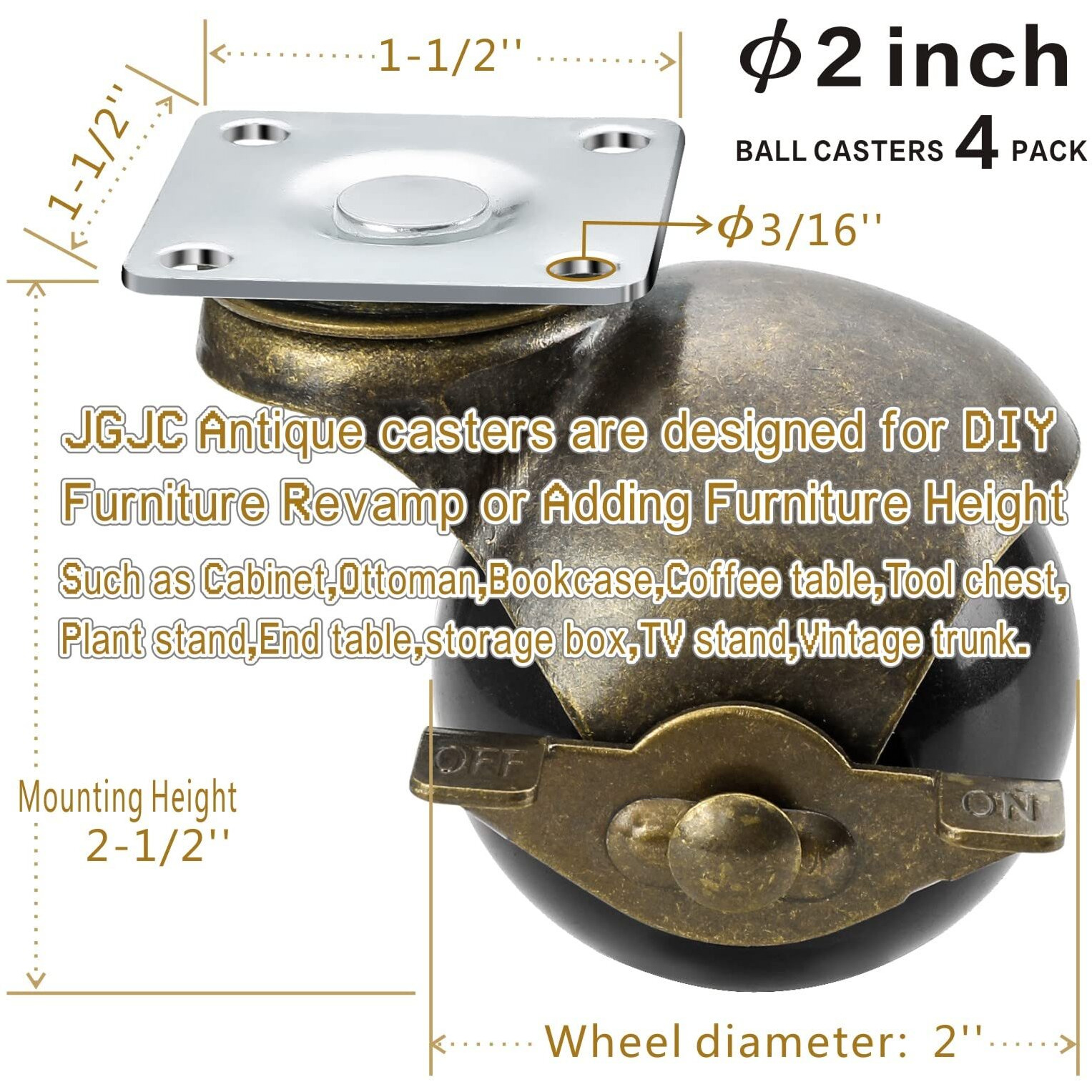 Jgjc Casters Set Of 4  Antique Brass Casters With Brake  2 Inch Ball Castor Wheels For Furniture Casters Vintage Wheels Heavy Duty  Table Caster With 360 Degree Swivel Top Plate